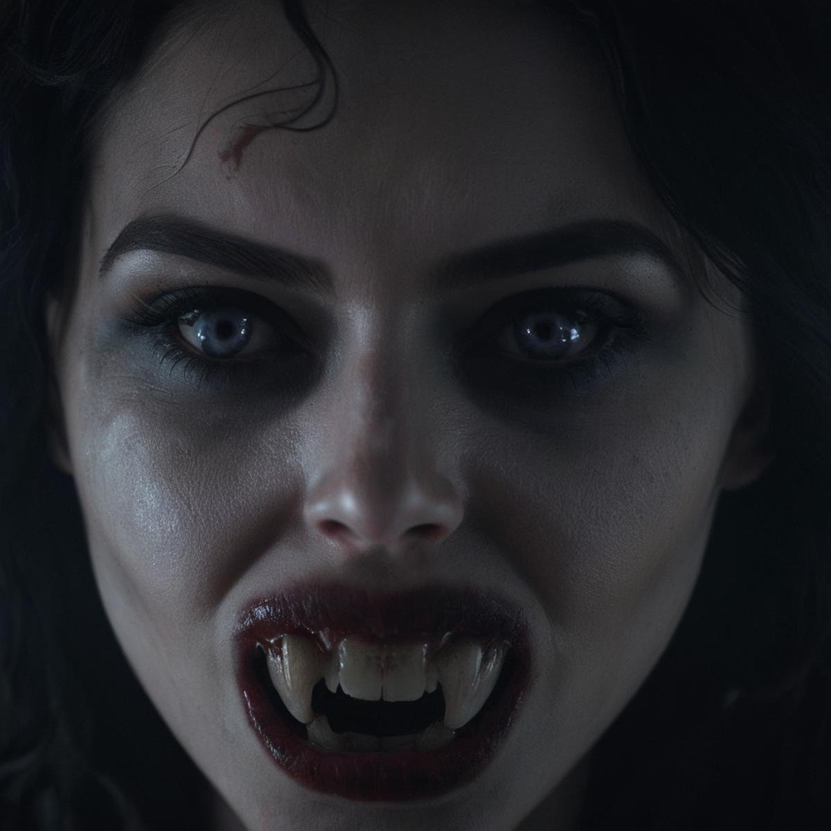 Horror-themed,  <lora:Demon Girl:0.8>a closeup of a pale skin woman with a demonic face and eyes and teeth staring at camera with a dreadful look in hell demon style, Eerie, unsettling, dark, spooky, suspenseful, grim, highly detailed