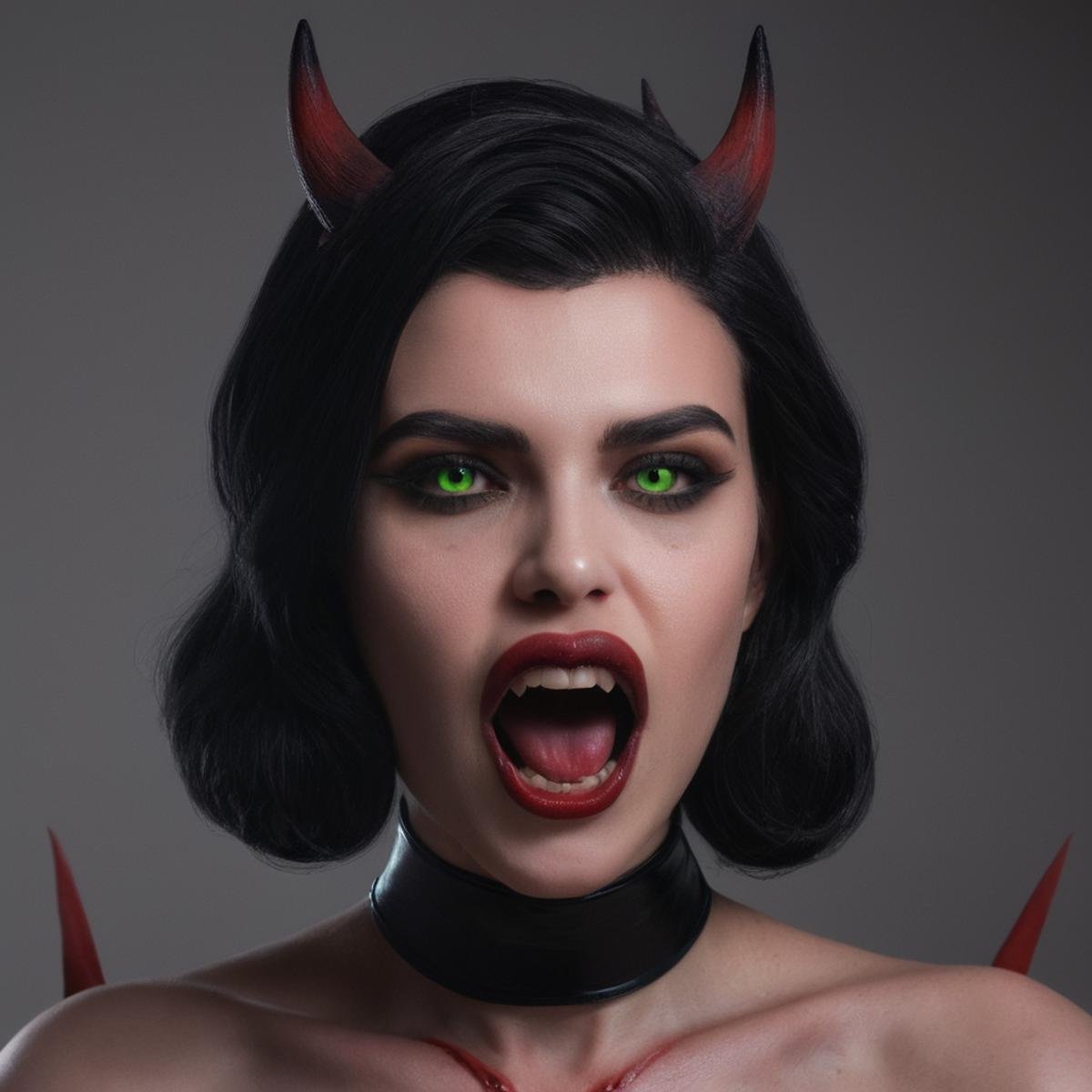 Horror-themed,  <lora:Demon Girl:0.8>a woman with horns on her head and a choker,devil,Demon style,1girl,solo,looking at viewer,short hair,open mouth,black hair,green eyes,upper body,nude,one eye closed,horns,teeth,choker,tongue,pointy ears,tongue out,colored skin,fangs,black choker,demon horns,oni,red skin,red oni , realistic, sharp, detailed, classic, 1990's, horror, photography, artistic, perfect teeth, crazy, Eerie, unsettling, dark, spooky, suspenseful, grim, highly detailed