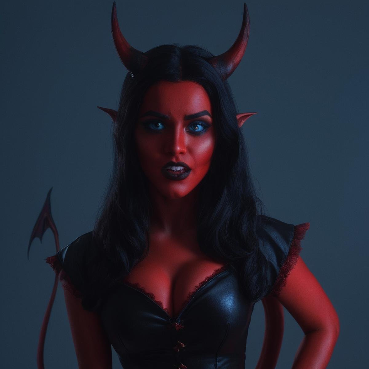 Horror-themed,  <lora:Demon Girl:0.6> a woman in a devil costume with horns and a bat,devil,Demon Girl style,1girl,solo,long hair,shirt,black hair,red eyes,tail,short sleeves,wings,horns,gradient,black shirt,gradient background,colored skin,blue background,hands on hips,red skin,demon , realistic, sharp, detailed, classic, 1990's, horror, photography, artistic, perfect teeth, crazy, Eerie, unsettling, dark, spooky, suspenseful, grim, highly detailed