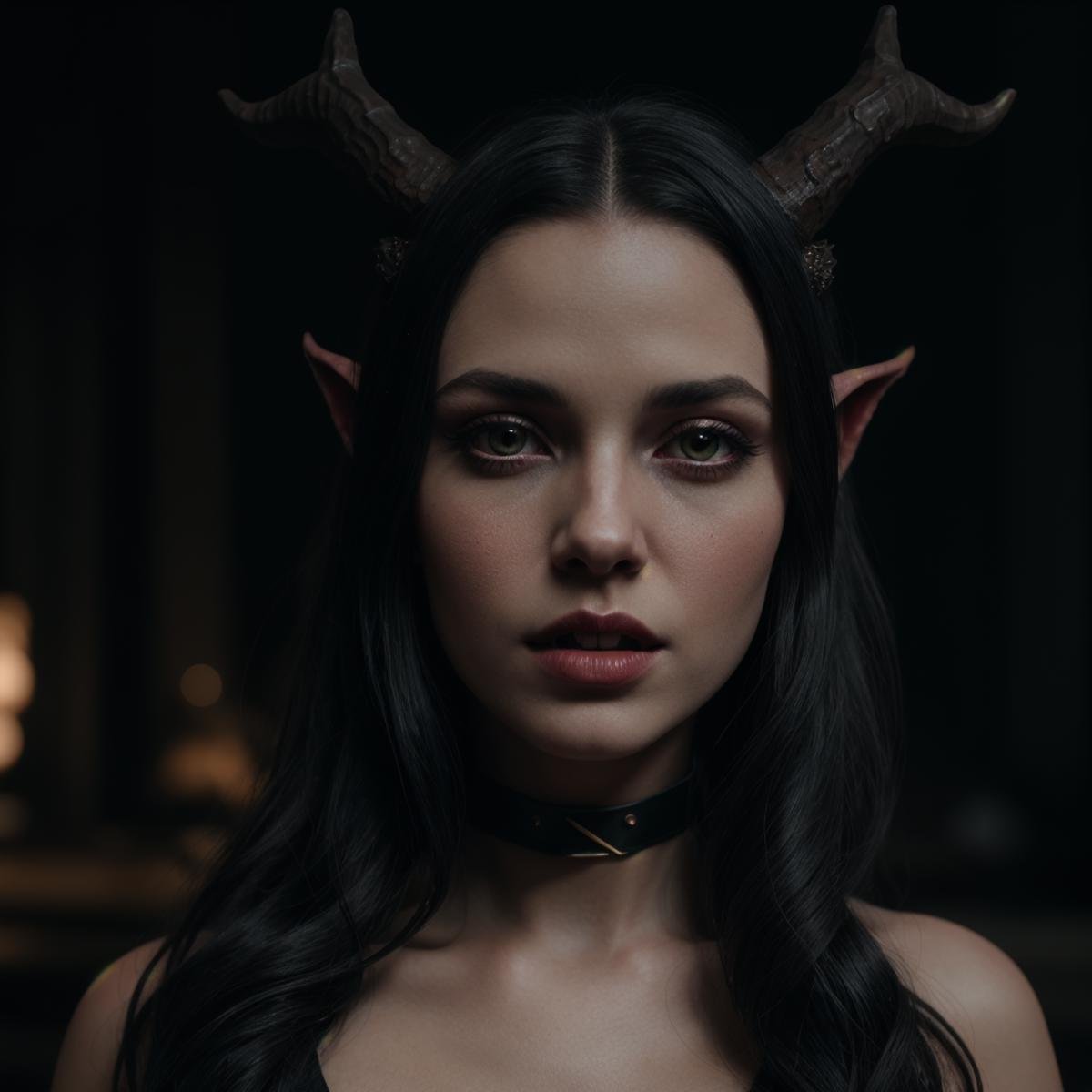 cinematic film still of  <lora:Demon Girl style sd1.5:1>Demon Girl a woman with horns on her head and a black collar,devil,Demon Girl style,1girl,solo,long hair,blue hair,parted lips,horns,teeth,pointy ears,lips,portrait,realistic , realistic, sharp, detailed, classic, 1990's, horror, photography, artistic, perfect teeth, crazy, shallow depth of field, vignette, highly detailed, high budget, bokeh, cinemascope, moody, epic, gorgeous, film grain, grainy