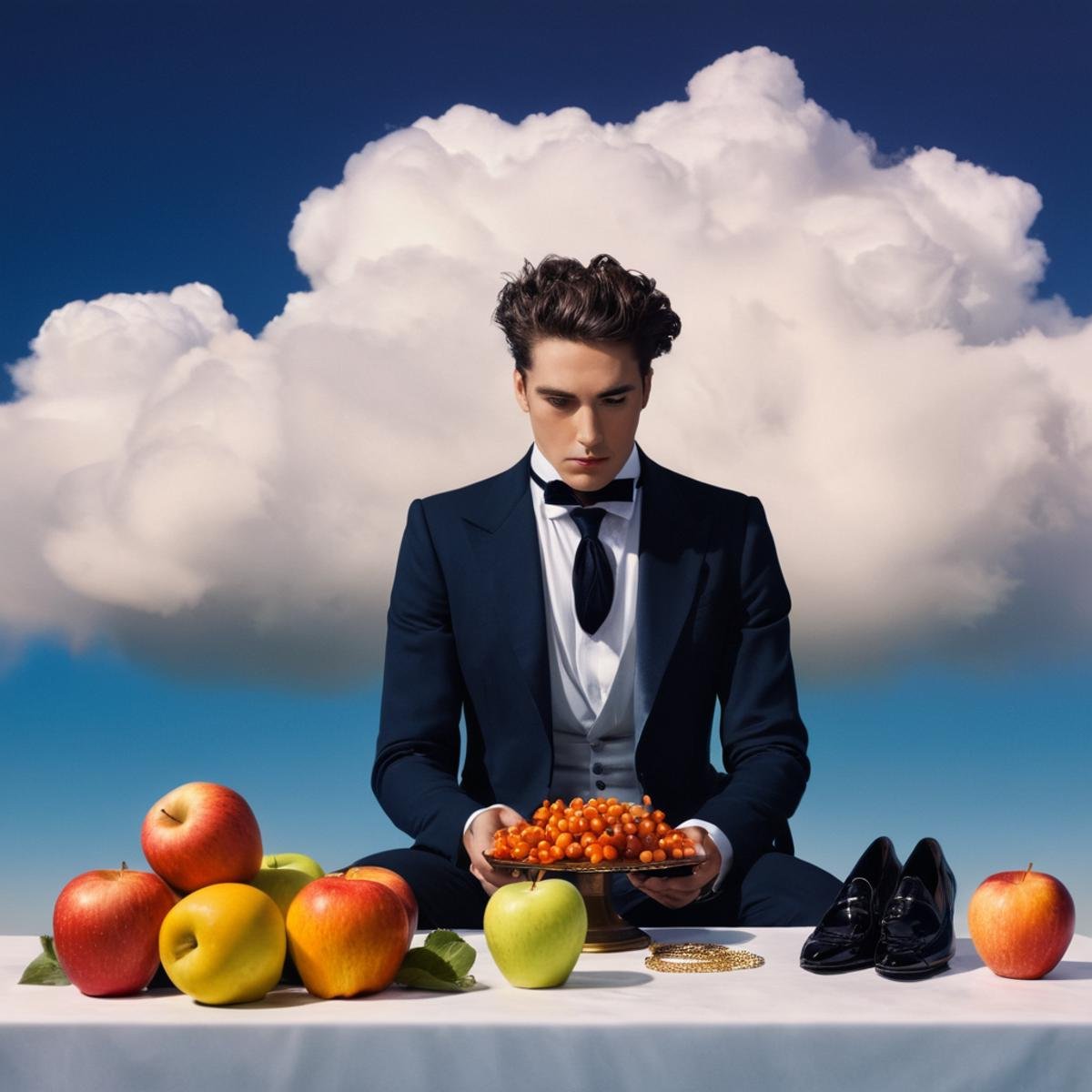 Surrealism,  <lora:Surrealism style:1>A surrealism photo of a painting of a man in a costume on a table,solo,1boy,jewelry,male focus,food,sky,shoes,cloud,water,high heels,fruit,apple , realistic, realism, photorealism, hyperrealism, hyperrealistic, realistic, sharp, detailed, cinematography style, film light style, movie still,  professional photography, artistic, perfection, contrast, cinematic, filmic, high quality photo,  8k quality, colorful, photography style, absurd, bizarre, eerie, fanciful, fantastic, ludicrous, monstrous, odd, outlandish, preposterous, ridiculous, strange, whimsical, wired, disturbing, surrealist, surrealism style, Andre Breton style, expressive, dramatic, organic lines and forms, dreamlike, mysterious, Surrealism