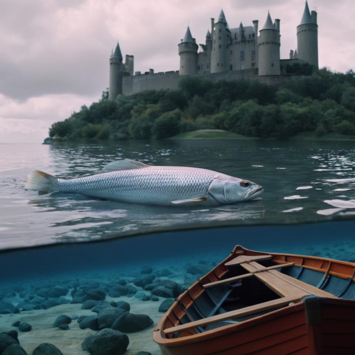 cinematic film still of  <lora:Surrealism style:1>A surrealism photo of a painting of a giant fish with a castle in the background,outdoors,sky,day,cloud,water,no humans,ocean,animal,cloudy sky,scenery,fish,watercraft , realistic, realism, photorealism, hyperrealism, hyperrealistic, realistic, sharp, detailed, cinematography style, film light style, movie still,  professional photography, artistic, perfection, contrast, cinematic, filmic, high quality photo,  8k quality, colorful, photography style, absurd, bizarre, eerie, fanciful, fantastic, ludicrous, monstrous, odd, outlandish, preposterous, ridiculous, strange, whimsical, wired, disturbing, surrealist, surrealism style, Andre Breton style, shallow depth of field, vignette, highly detailed, high budget, bokeh, cinemascope, moody, epic, gorgeous, film grain, grainy