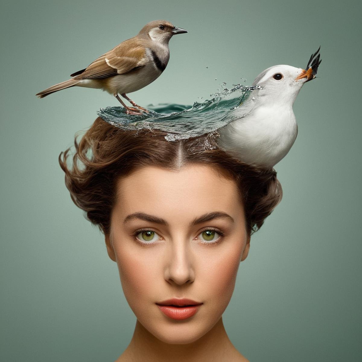 Surrealist art  <lora:Surrealism style:1>A surrealism photo of a woman with a bird on her head and a wave coming out of her face,solo,short hair,simple background,brown hair,1boy,green eyes,male focus,signature,grey background,lips,portrait,realistic,surreal , realistic, realism, photorealism, hyperrealism, hyperrealistic, realistic, sharp, detailed, cinematography style, film light style, movie still,  professional photography, artistic, perfection, contrast, cinematic, filmic, high quality photo,  8k quality, colorful, photography style, absurd, bizarre, eerie, fanciful, fantastic, ludicrous, monstrous, odd, outlandish, preposterous, ridiculous, strange, whimsical, wired, disturbing, surrealist, surrealism style, Andre Breton style, dreamlike, mysterious, provocative, symbolic, intricate, detailed