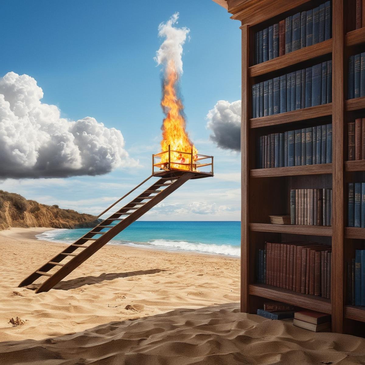 Surrealism,  <lora:Surrealism style:1>A surrealism photo of a painting of a library with a fire coming out of it,outdoors,sky,day,cloud,water,blue sky,book,no humans,ocean,beach,scenery,sand,bookshelf,waves,library,ladder , realistic, realism, photorealism, hyperrealism, hyperrealistic, realistic, sharp, detailed, cinematography style, film light style, movie still,  professional photography, artistic, perfection, contrast, cinematic, filmic, high quality photo,  8k quality, colorful, photography style, absurd, bizarre, eerie, fanciful, fantastic, ludicrous, monstrous, odd, outlandish, preposterous, ridiculous, strange, whimsical, wired, disturbing, surrealist, surrealism style, Andre Breton style, expressive, dramatic, organic lines and forms, dreamlike, mysterious, Surrealism