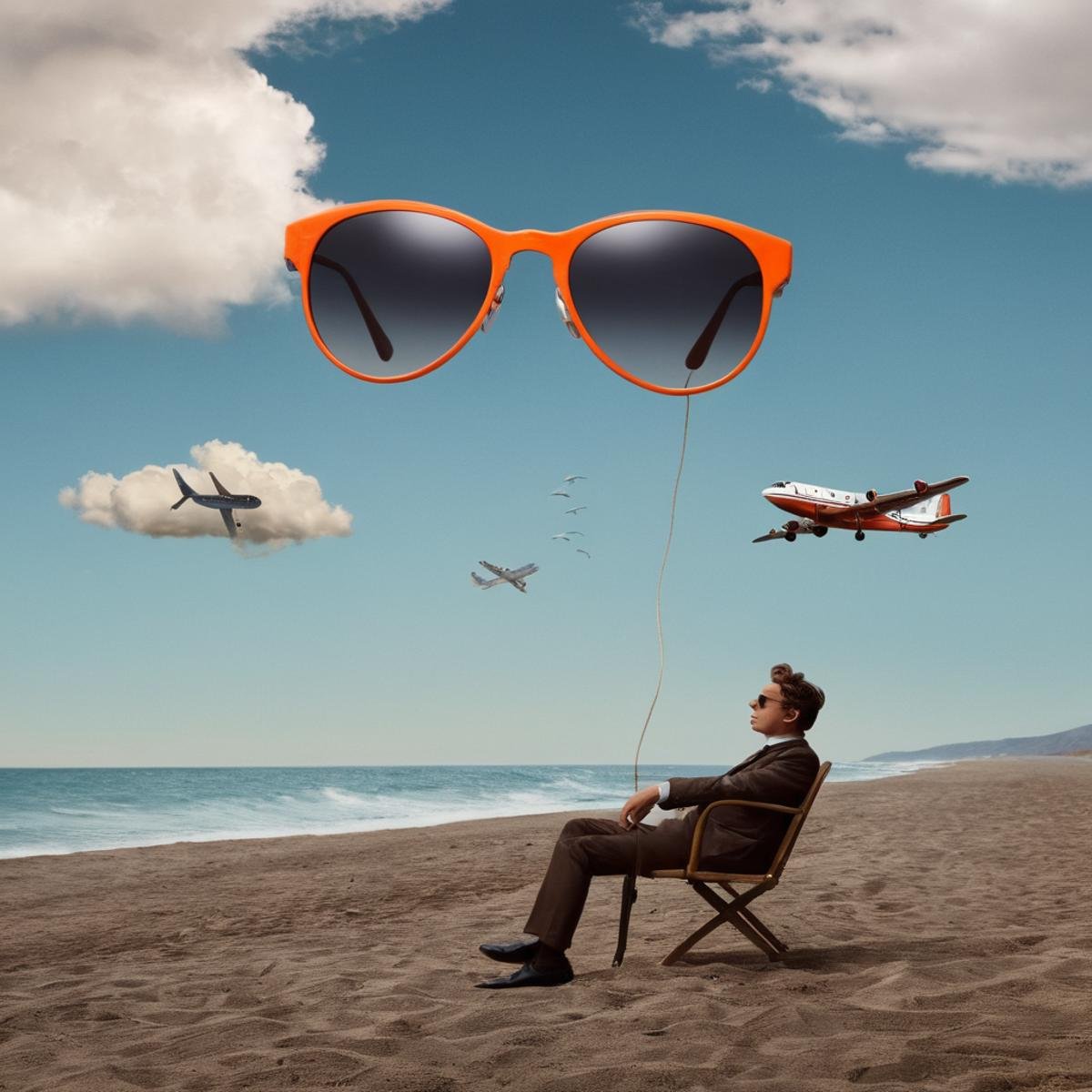 Surrealist art  <lora:Surrealism style:1>A surrealism photo of a painting of a man with sunglasses on a beach,1boy,outdoors,sky,glasses,cloud,realistic,aircraft,airplane , realistic, realism, photorealism, hyperrealism, hyperrealistic, realistic, sharp, detailed, cinematography style, film light style, movie still,  professional photography, artistic, perfection, contrast, cinematic, filmic, high quality photo,  8k quality, colorful, photography style, absurd, bizarre, eerie, fanciful, fantastic, ludicrous, monstrous, odd, outlandish, preposterous, ridiculous, strange, whimsical, wired, disturbing, surrealist, surrealism style, Andre Breton style, dreamlike, mysterious, provocative, symbolic, intricate, detailed