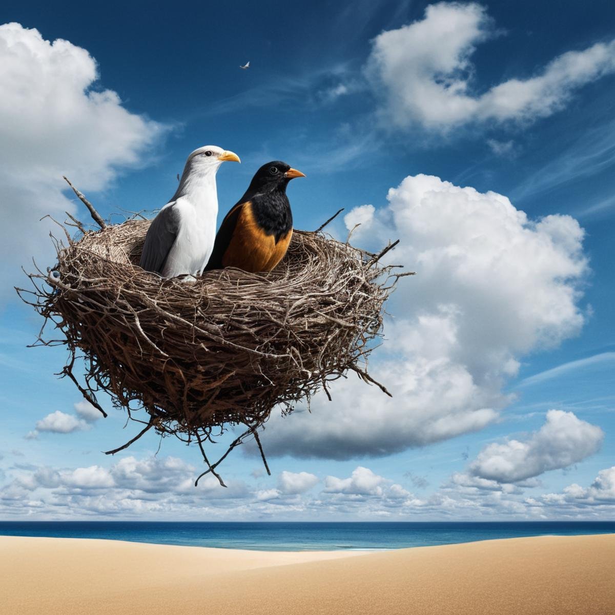 Surrealism,  <lora:Surrealism style:1>A surrealism photo of a painting of two birds in a nest with a bird's head sticking out of it,outdoors,sky,cloud,signature,water,tree,no humans,bird,ocean,animal,beach,cloudy sky,sand,animal focus , realistic, realism, photorealism, hyperrealism, hyperrealistic, realistic, sharp, detailed, cinematography style, film light style, movie still,  professional photography, artistic, perfection, contrast, cinematic, filmic, high quality photo,  8k quality, colorful, photography style, absurd, bizarre, eerie, fanciful, fantastic, ludicrous, monstrous, odd, outlandish, preposterous, ridiculous, strange, whimsical, wired, disturbing, surrealist, surrealism style, Andre Breton style, expressive, dramatic, organic lines and forms, dreamlike, mysterious, Surrealism