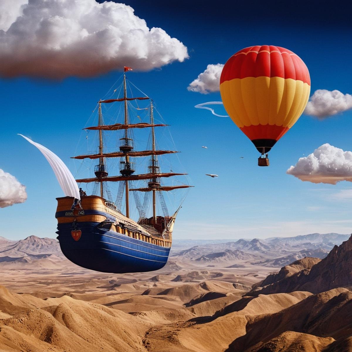 Surrealism,  <lora:Surrealism style:1>A surrealism photo of a painting of a hot air balloon with a ship in the sky,outdoors,sky,cloud,no humans,traditional media,science fiction,monster,mountain,fantasy,desert , realistic, realism, photorealism, hyperrealism, hyperrealistic, realistic, sharp, detailed, cinematography style, film light style, movie still,  professional photography, artistic, perfection, contrast, cinematic, filmic, high quality photo,  8k quality, colorful, photography style, absurd, bizarre, eerie, fanciful, fantastic, ludicrous, monstrous, odd, outlandish, preposterous, ridiculous, strange, whimsical, wired, disturbing, surrealist, surrealism style, Andre Breton style, expressive, dramatic, organic lines and forms, dreamlike, mysterious, Surrealism