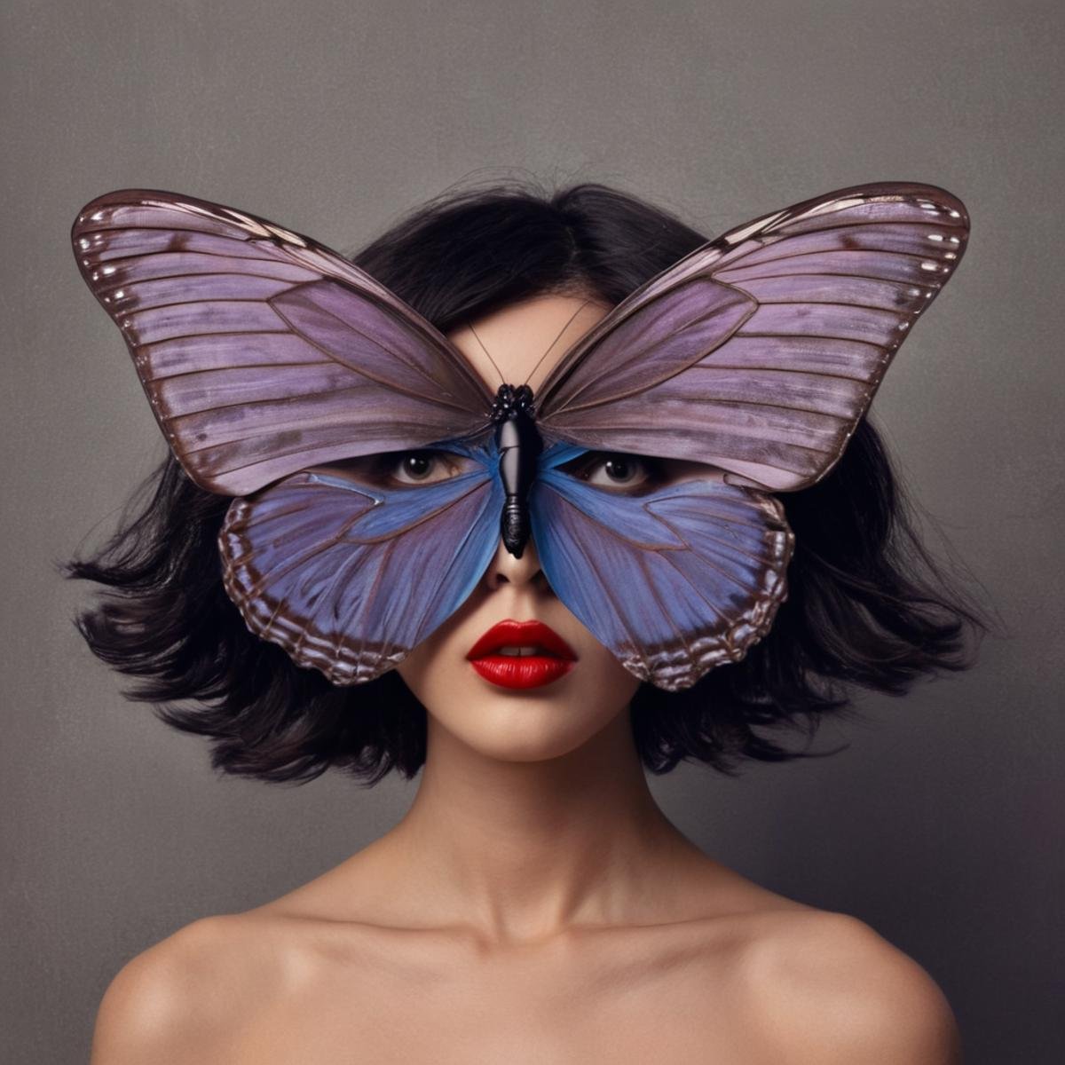 Surrealism,  <lora:Surrealism style:1>A surrealism photo of a woman with a butterfly mask on her face,1girl,solo,long hair,simple background,black hair,1boy,closed mouth,collarbone,male focus,nude,parted lips,lips,floating hair,bug,butterfly,portrait,covered eyes , realistic, realism, photorealism, hyperrealism, hyperrealistic, realistic, sharp, detailed, cinematography style, film light style, movie still,  professional photography, artistic, perfection, contrast, cinematic, filmic, high quality photo,  8k quality, colorful, photography style, absurd, bizarre, eerie, fanciful, fantastic, ludicrous, monstrous, odd, outlandish, preposterous, ridiculous, strange, whimsical, wired, disturbing, surrealist, surrealism style, Andre Breton style, expressive, dramatic, organic lines and forms, dreamlike, mysterious, Surrealism