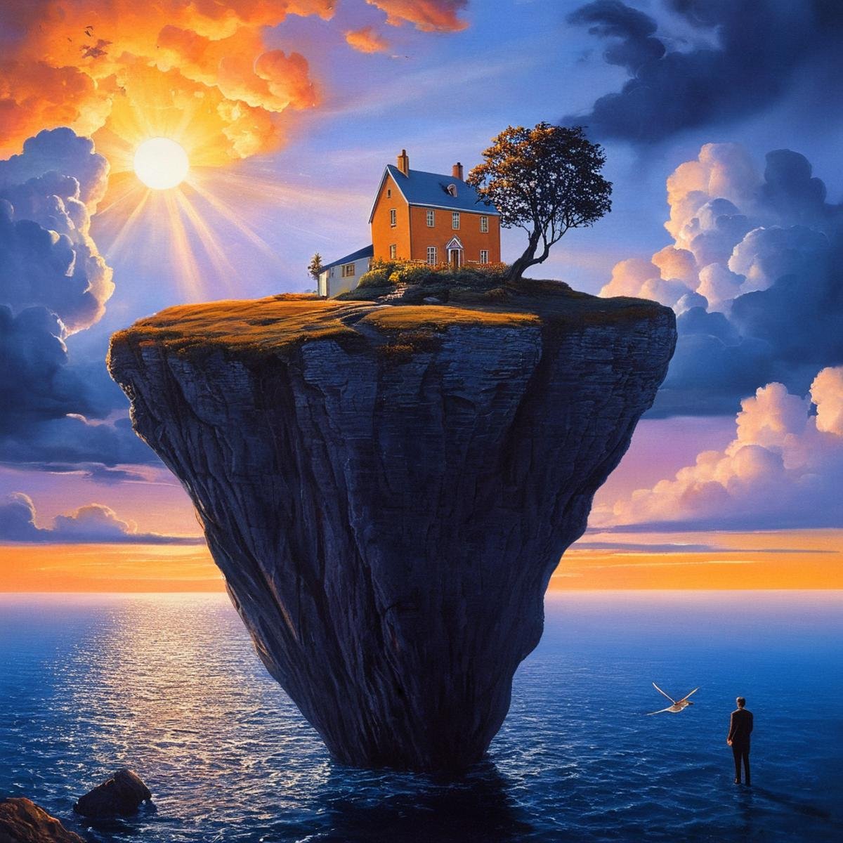 Surrealism,  <lora:Surrealism style:1>A surrealism photo of a painting of a person standing on a cliff with a house on it,outdoors,sky,barefoot,cloud,water,tree,no humans,ocean,scenery,fish,sunset,mountain,sun,house,partially underwater shot , realistic, realism, photorealism, hyperrealism, hyperrealistic, realistic, sharp, detailed, cinematography style, film light style, movie still,  professional photography, artistic, perfection, contrast, cinematic, filmic, high quality photo,  8k quality, colorful, photography style, absurd, bizarre, eerie, fanciful, fantastic, ludicrous, monstrous, odd, outlandish, preposterous, ridiculous, strange, whimsical, wired, disturbing, surrealist, surrealism style, Andre Breton style, expressive, dramatic, organic lines and forms, dreamlike, mysterious, Surrealism