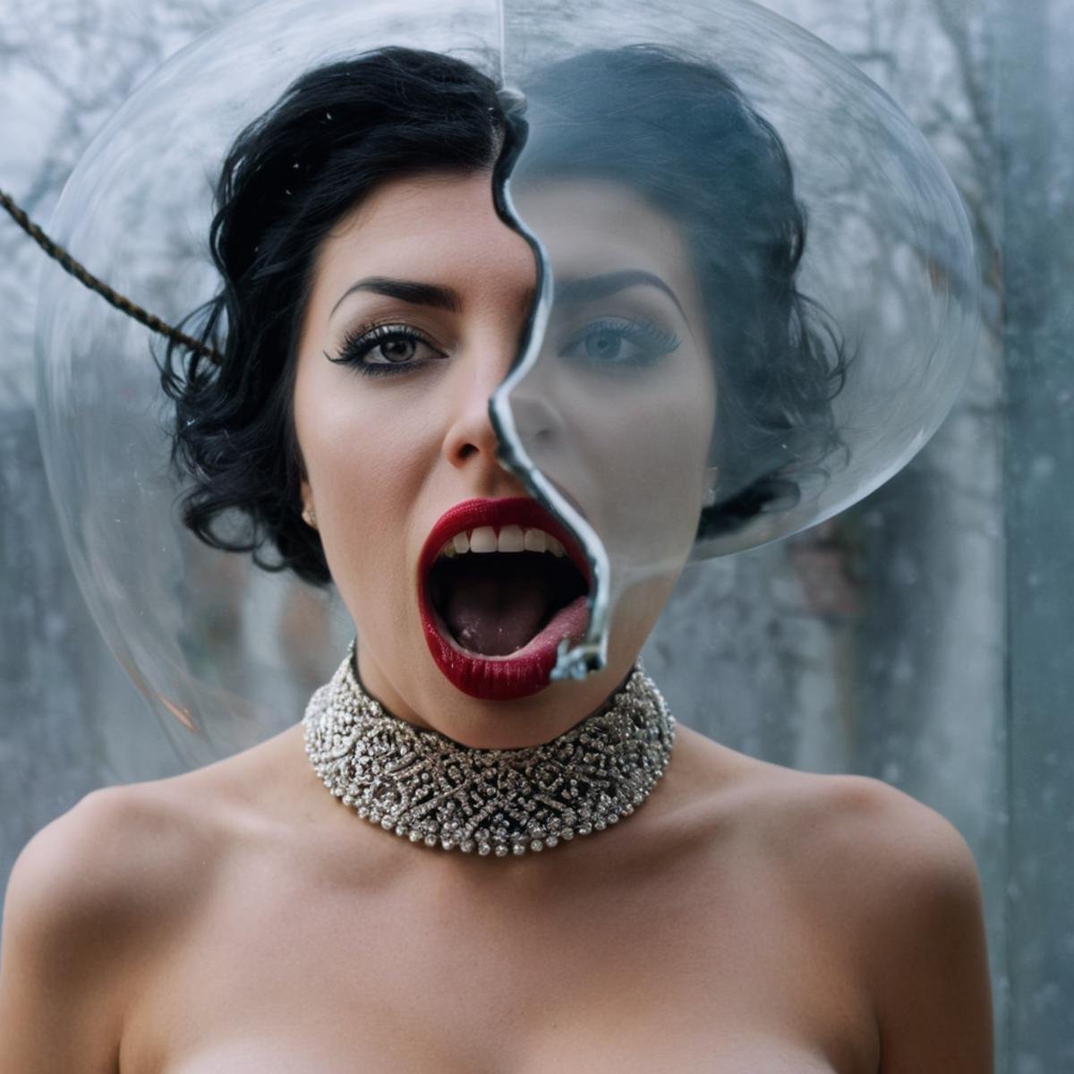 Surrealist art  <lora:Surrealism style:1>A surrealism photo of a woman with a fake monster face and a fake monster face,1girl,breasts,open mouth,black hair,navel,jewelry,medium breasts,nipples,teeth,tongue,ring,against glass,horror (theme) , realistic, realism, photorealism, hyperrealism, hyperrealistic, realistic, sharp, detailed, cinematography style, film light style, movie still,  professional photography, artistic, perfection, contrast, cinematic, filmic, high quality photo,  8k quality, colorful, photography style, absurd, bizarre, eerie, fanciful, fantastic, ludicrous, monstrous, odd, outlandish, preposterous, ridiculous, strange, whimsical, wired, disturbing, surrealist, surrealism style, Andre Breton style, dreamlike, mysterious, provocative, symbolic, intricate, detailed