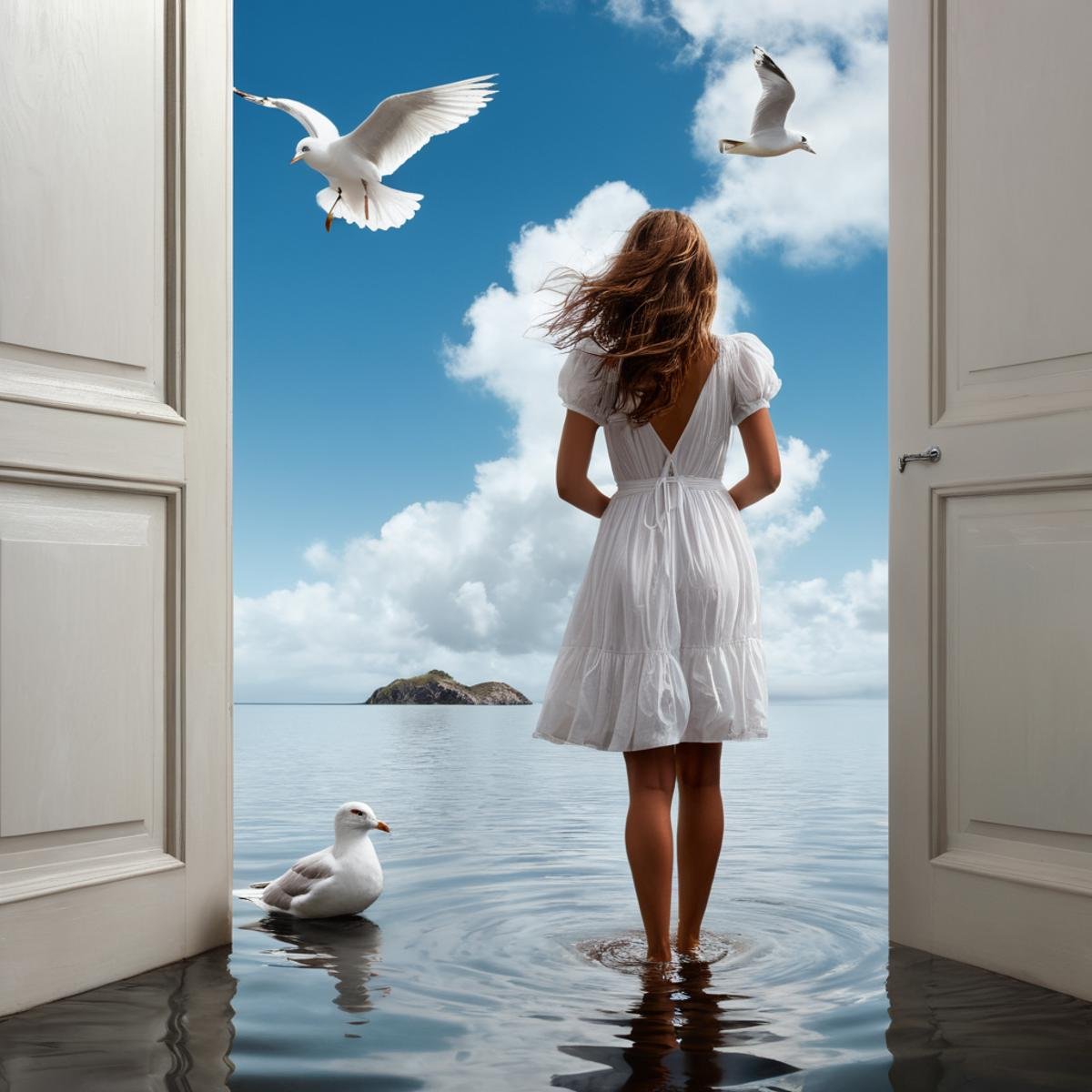 Surrealism,  <lora:Surrealism style:1>A surrealism photo of a woman in a white dress is standing in the water near a door,1girl,solo,long hair,brown hair,dress,closed eyes,short sleeves,outdoors,sky,barefoot,cloud,water,white dress,bird,ocean,beach,cloudy sky,waves,seagull , realistic, realism, photorealism, hyperrealism, hyperrealistic, realistic, sharp, detailed, cinematography style, film light style, movie still,  professional photography, artistic, perfection, contrast, cinematic, filmic, high quality photo,  8k quality, colorful, photography style, absurd, bizarre, eerie, fanciful, fantastic, ludicrous, monstrous, odd, outlandish, preposterous, ridiculous, strange, whimsical, wired, disturbing, surrealist, surrealism style, Andre Breton style, expressive, dramatic, organic lines and forms, dreamlike, mysterious, Surrealism