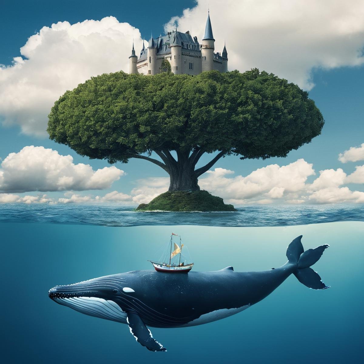 Surrealism,  <lora:Surrealism style:1>A surrealism photo of a whale is floating in the water with a castle on top,outdoors,sky,cloud,water,tree,no humans,ocean,scenery,fish,watercraft,boat , realistic, realism, photorealism, hyperrealism, hyperrealistic, realistic, sharp, detailed, cinematography style, film light style, movie still,  professional photography, artistic, perfection, contrast, cinematic, filmic, high quality photo,  8k quality, colorful, photography style, absurd, bizarre, eerie, fanciful, fantastic, ludicrous, monstrous, odd, outlandish, preposterous, ridiculous, strange, whimsical, wired, disturbing, surrealist, surrealism style, Andre Breton style, expressive, dramatic, organic lines and forms, dreamlike, mysterious, Surrealism