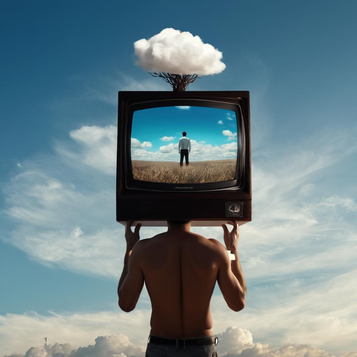 Surrealism,  <lora:Surrealism style:1>A surrealism photo of a man with a television on his head,solo,1boy,male focus,nude,sky,cloud,muscular,abs,television,monitor , realistic, realism, photorealism, hyperrealism, hyperrealistic, realistic, sharp, detailed, cinematography style, film light style, movie still,  professional photography, artistic, perfection, contrast, cinematic, filmic, high quality photo,  8k quality, colorful, photography style, absurd, bizarre, eerie, fanciful, fantastic, ludicrous, monstrous, odd, outlandish, preposterous, ridiculous, strange, whimsical, wired, disturbing, surrealist, surrealism style, Andre Breton style, expressive, dramatic, organic lines and forms, dreamlike, mysterious, Surrealism