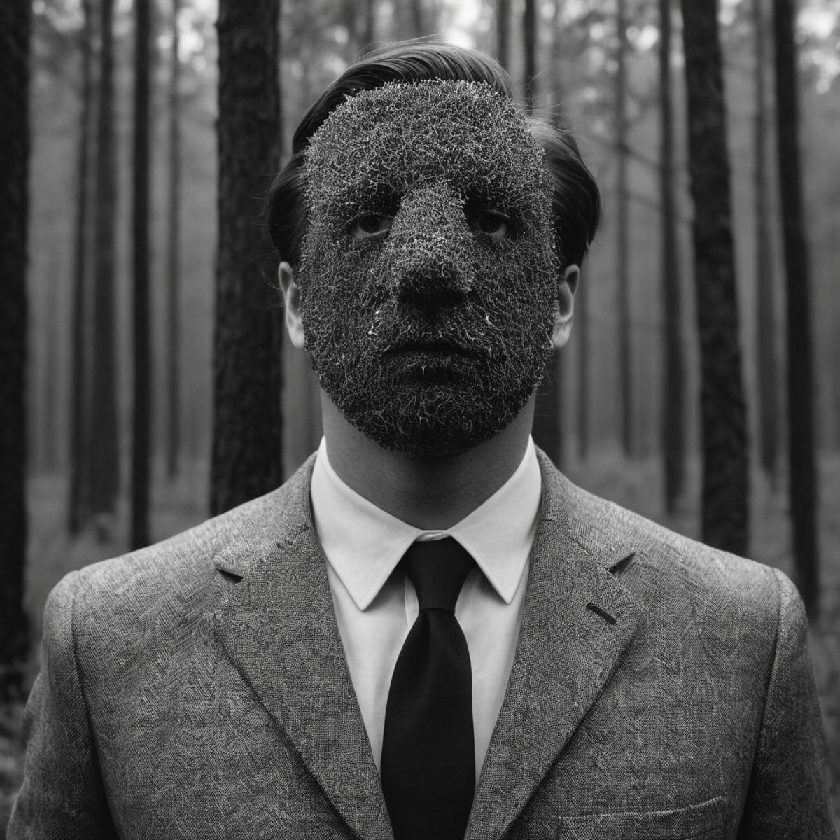 Surrealist art  <lora:Surrealism style:1>A surrealism photo of a man in a suit and tie standing in a forest,solo,1boy,monochrome,upper body,greyscale,male focus,outdoors,blurry,from side,tree,depth of field,blurry background,formal,suit,nature,forest,monster,photo background , realistic, realism, photorealism, hyperrealism, hyperrealistic, realistic, sharp, detailed, cinematography style, film light style, movie still,  professional photography, artistic, perfection, contrast, cinematic, filmic, high quality photo,  8k quality, colorful, photography style, absurd, bizarre, eerie, fanciful, fantastic, ludicrous, monstrous, odd, outlandish, preposterous, ridiculous, strange, whimsical, wired, disturbing, surrealist, surrealism style, Andre Breton style, dreamlike, mysterious, provocative, symbolic, intricate, detailed