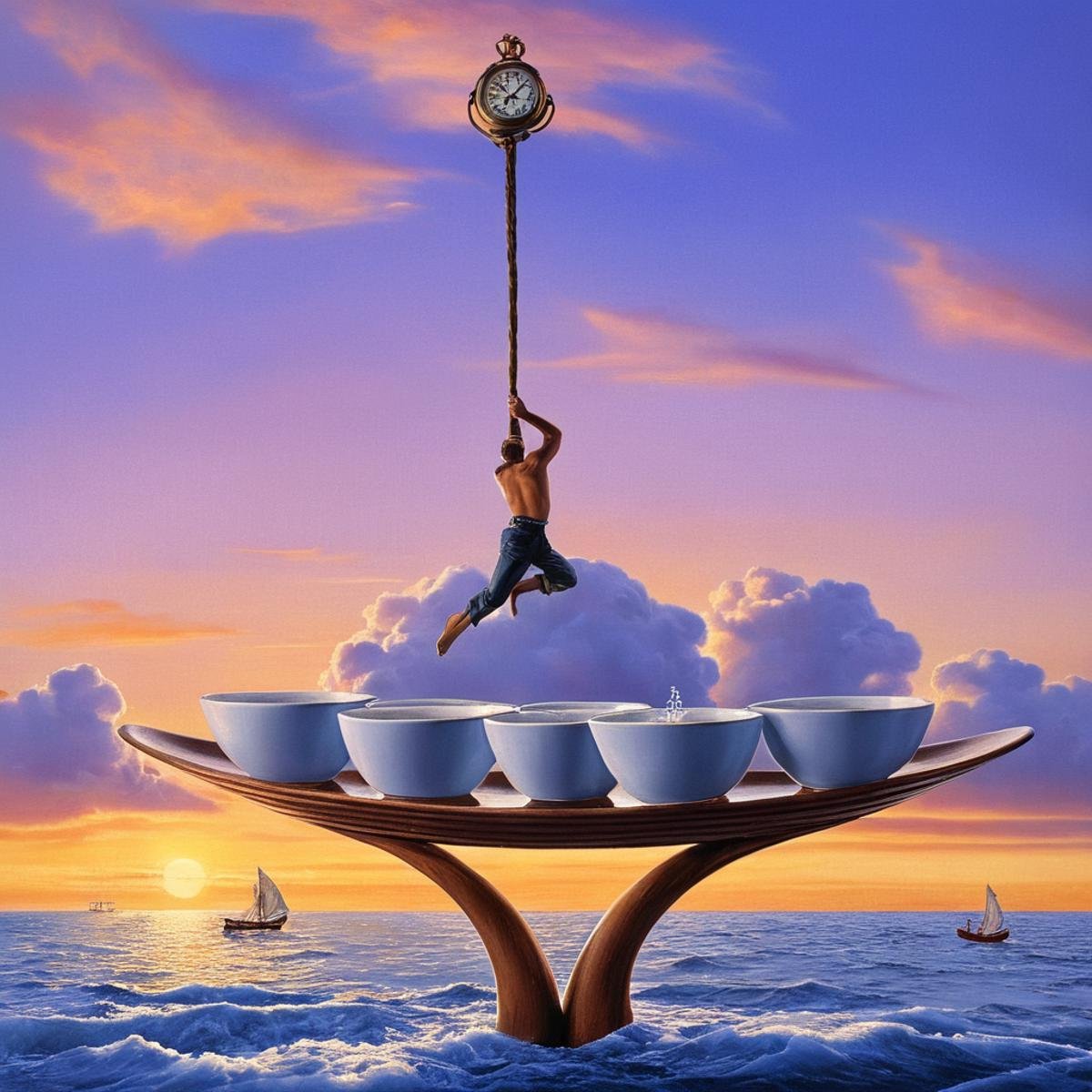 Surrealism,  <lora:Surrealism style:1>A surrealism photo of a painting of a man balancing a scale with two bowls,multiple boys,sky,cloud,water,ocean,parody,outstretched arms,sunset,spread arms,sun,watercraft,ship,boat,fine art parody , realistic, realism, photorealism, hyperrealism, hyperrealistic, realistic, sharp, detailed, cinematography style, film light style, movie still,  professional photography, artistic, perfection, contrast, cinematic, filmic, high quality photo,  8k quality, colorful, photography style, absurd, bizarre, eerie, fanciful, fantastic, ludicrous, monstrous, odd, outlandish, preposterous, ridiculous, strange, whimsical, wired, disturbing, surrealist, surrealism style, Andre Breton style, expressive, dramatic, organic lines and forms, dreamlike, mysterious, Surrealism