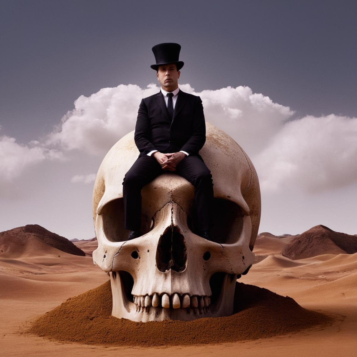 Surrealism,  <lora:Surrealism style:1>A surrealism photo of a painting of a man sitting on top of a giant skull,hat,sitting,traditional media,skull,sand,desert , realistic, realism, photorealism, hyperrealism, hyperrealistic, realistic, sharp, detailed, cinematography style, film light style, movie still,  professional photography, artistic, perfection, contrast, cinematic, filmic, high quality photo,  8k quality, colorful, photography style, absurd, bizarre, eerie, fanciful, fantastic, ludicrous, monstrous, odd, outlandish, preposterous, ridiculous, strange, whimsical, wired, disturbing, surrealist, surrealism style, Andre Breton style, expressive, dramatic, organic lines and forms, dreamlike, mysterious, Surrealism