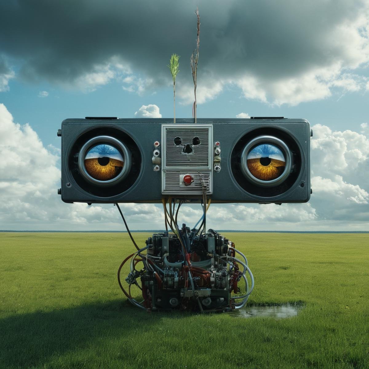 Surrealism,  <lora:Surrealism style:1>A surrealism photo of a painting of a machine with two eyes on it,outdoors,sky,day,cloud,water,no humans,traditional media,grass,scenery , realistic, realism, photorealism, hyperrealism, hyperrealistic, realistic, sharp, detailed, cinematography style, film light style, movie still,  professional photography, artistic, perfection, contrast, cinematic, filmic, high quality photo,  8k quality, colorful, photography style, absurd, bizarre, eerie, fanciful, fantastic, ludicrous, monstrous, odd, outlandish, preposterous, ridiculous, strange, whimsical, wired, disturbing, surrealist, surrealism style, Andre Breton style, expressive, dramatic, organic lines and forms, dreamlike, mysterious, Surrealism