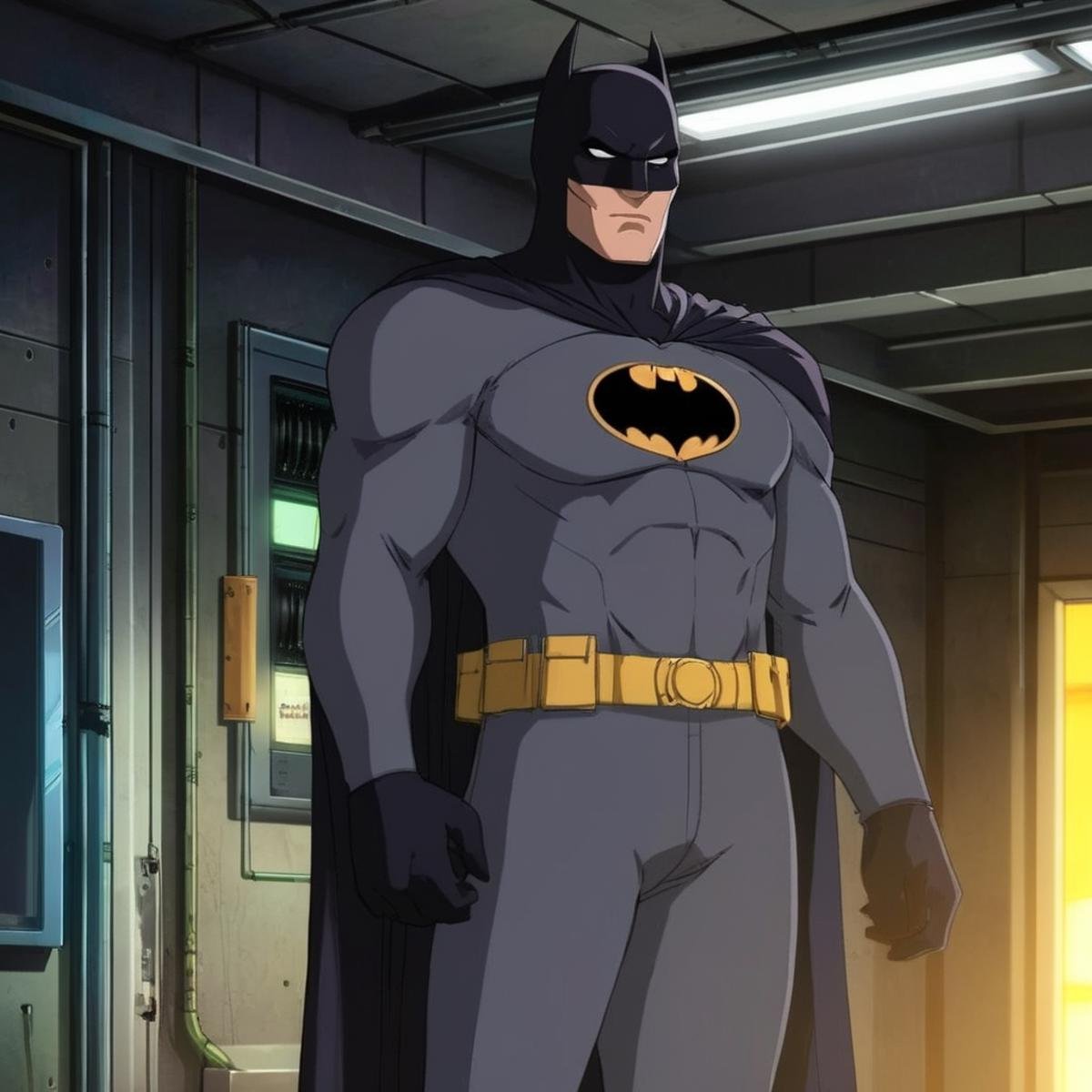 anime artwork of  <lora:anime manga girl style:1.2>a maskless bruce wayne man in a batman costume standing in a room inside batcave anime manga girl style, anime style, key visual, vibrant, studio anime,  highly detailed