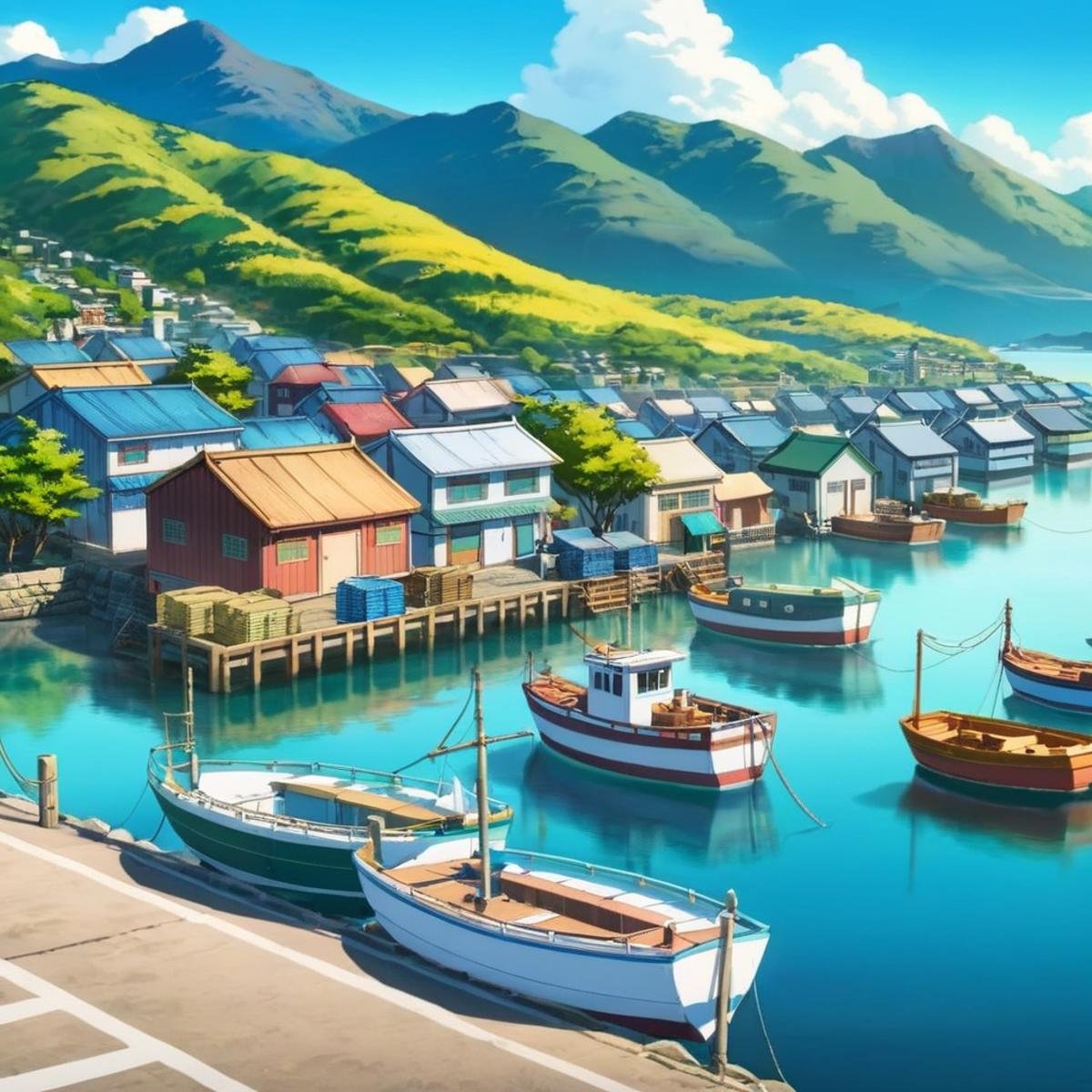 anime artwork of  <lora:anime manga girl style:1.2>a harbor with boats and mountains in the background anime manga girl style, anime style, key visual, vibrant, studio anime,  highly detailed