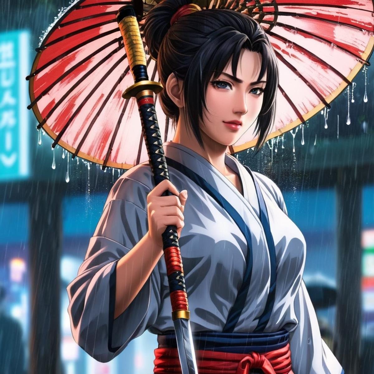 anime artwork of  <lora:anime manga girl style:1.2>a woman holding a samurai sword in the rain anime manga girl style, anime style, key visual, vibrant, studio anime,  highly detailed