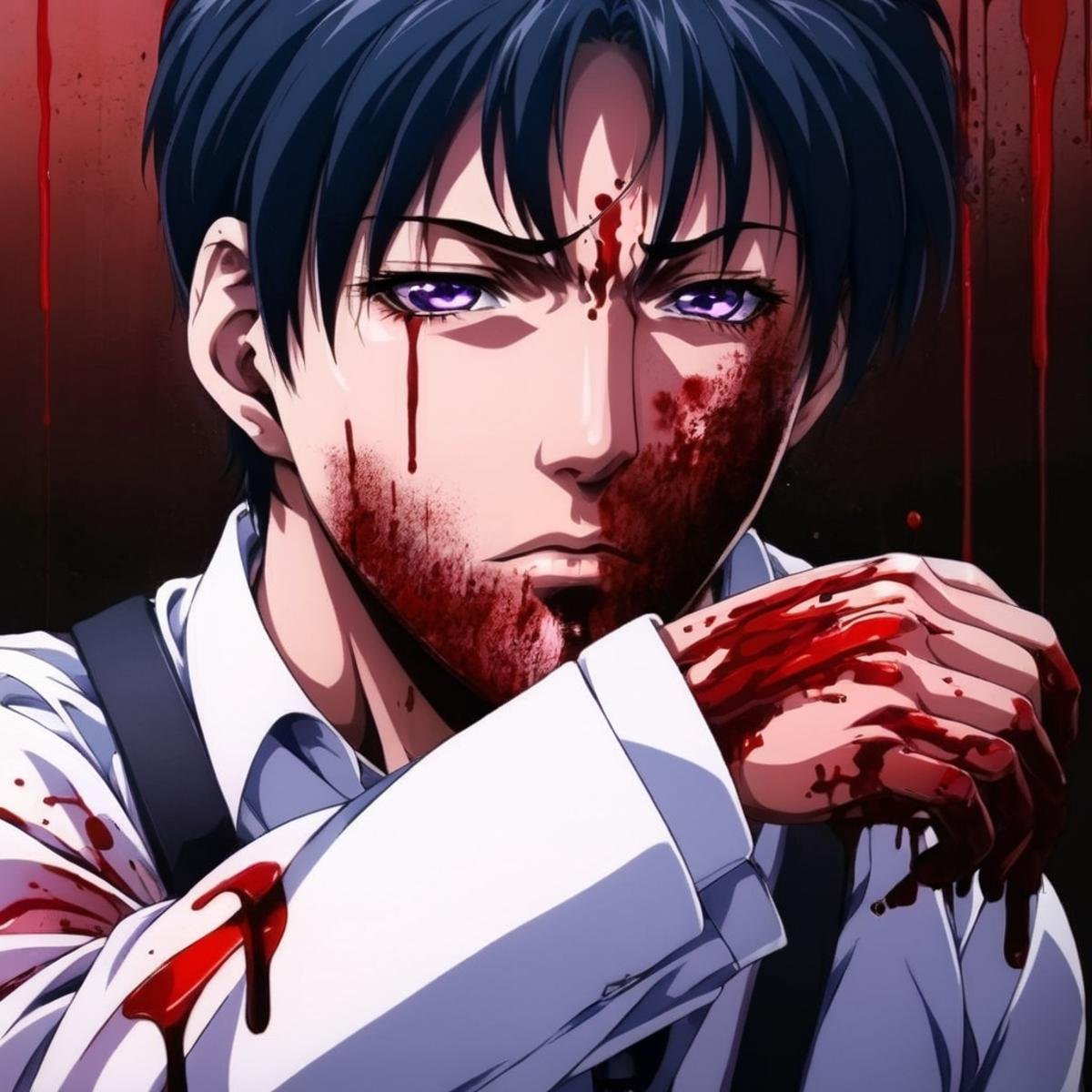 anime artwork of  <lora:anime manga girl style:1.2>a violent man with blood on his face and hands anime manga girl style, anime style, key visual, vibrant, studio anime,  highly detailed