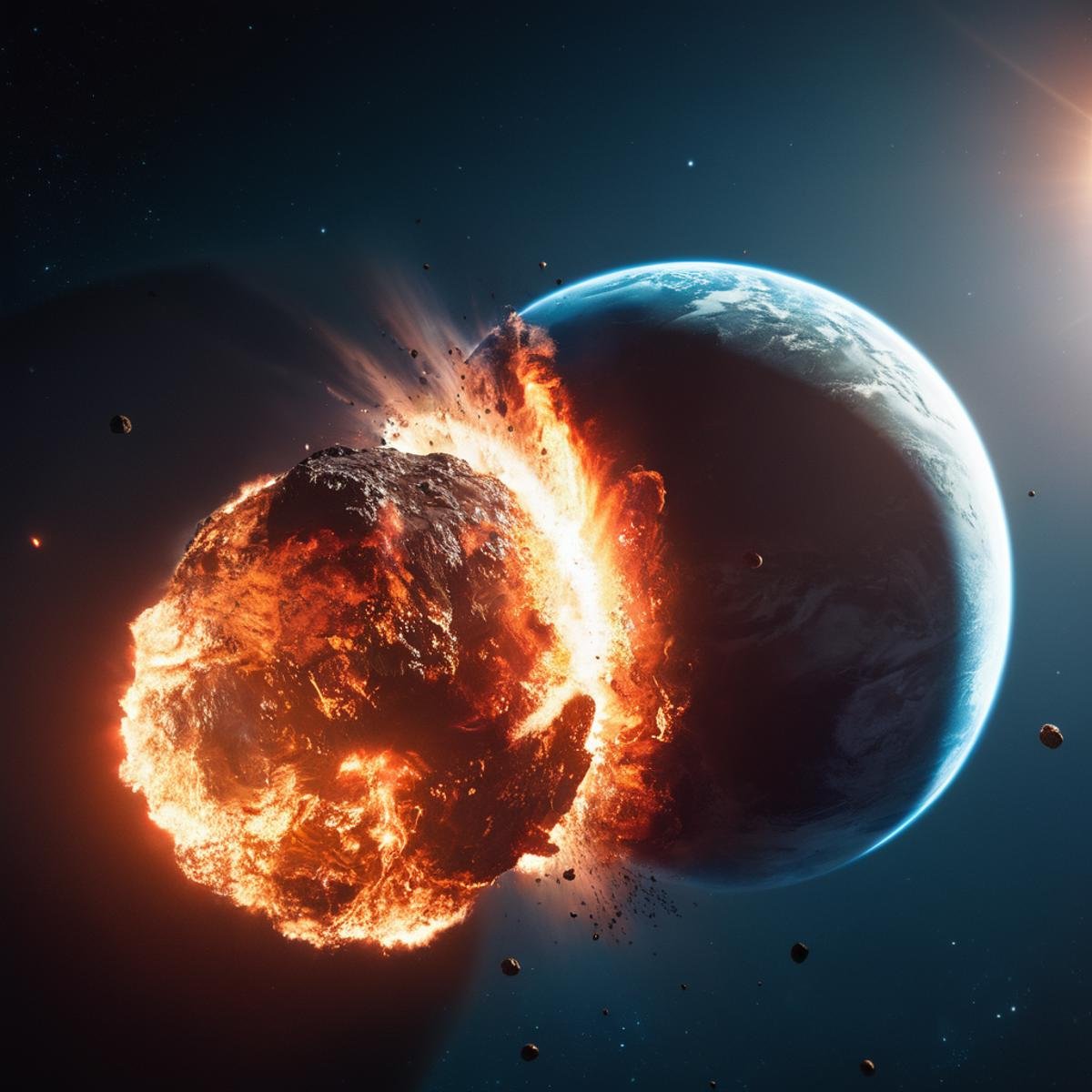 cinematic film still of A collision of a close up of a planet with a fireball,  no humans,  scenery by EauDeNoire on Tenso...