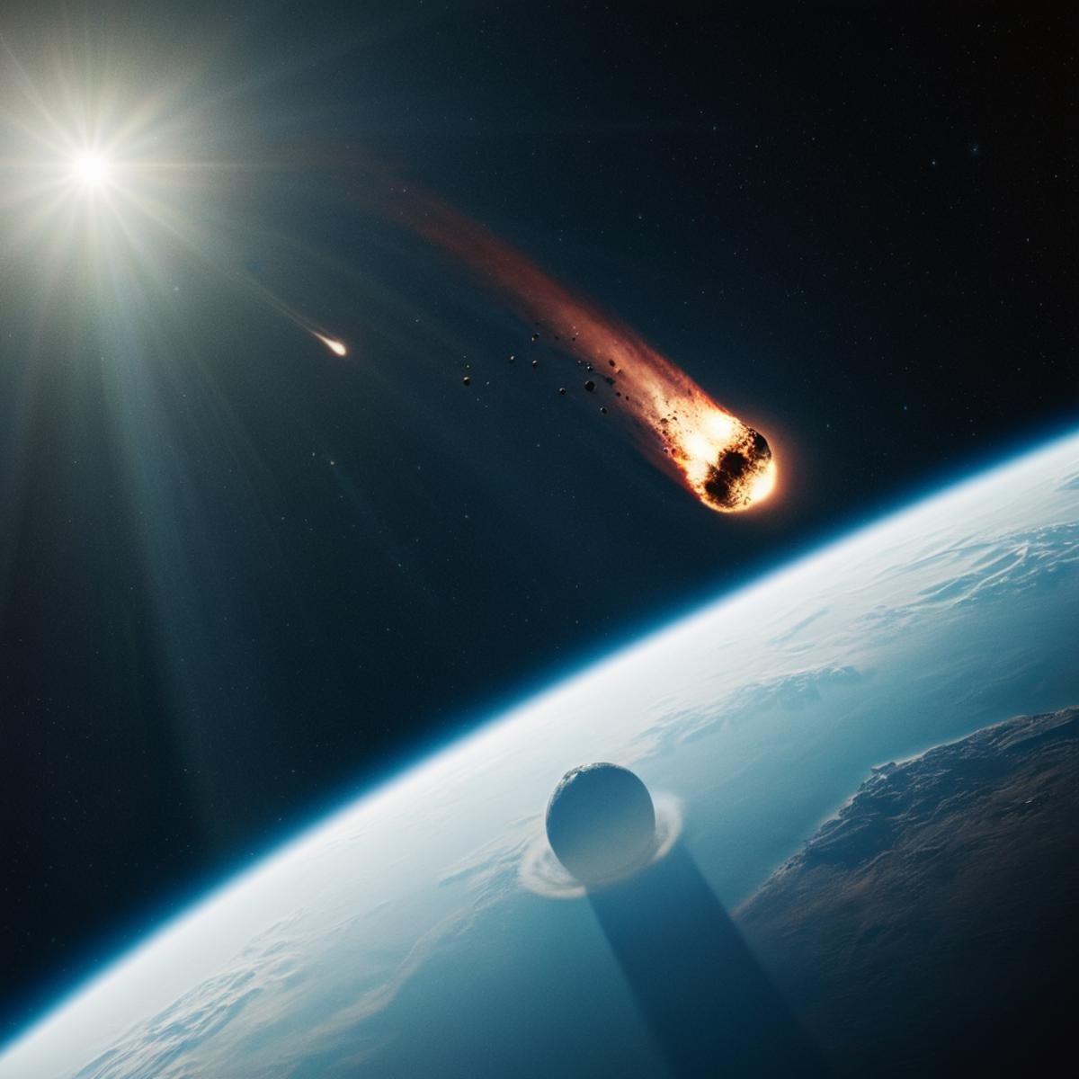 cinematic film still of A collision of a comet is flying past a planet in the sky,  no humans,  star (sky) by EauDeNoire o...
