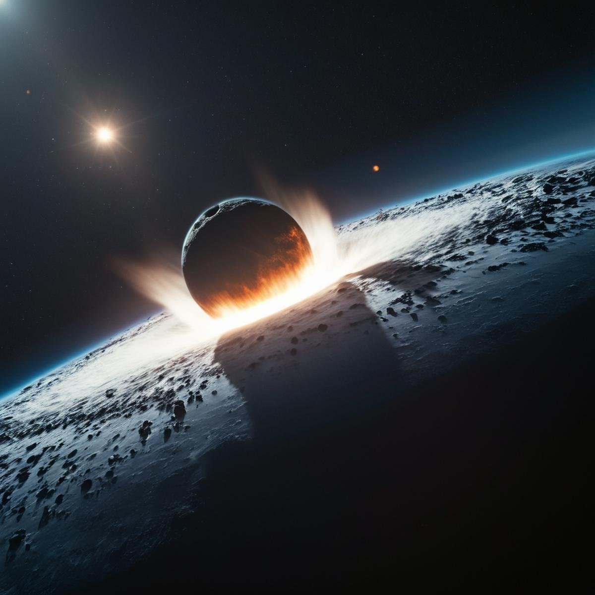 cinematic film still of A collision of a black hole with a white disk in the middle,  no humans,  star (sky) by EauDeNoire...