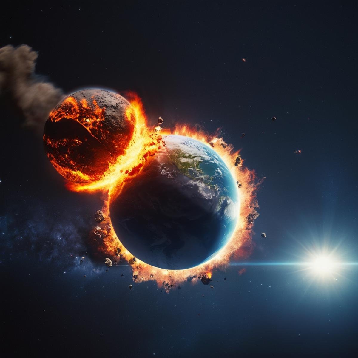 cinematic film still of A collision of a picture of a planet with a fireball in the middle,  no humans,  fire by EauDeNoir...