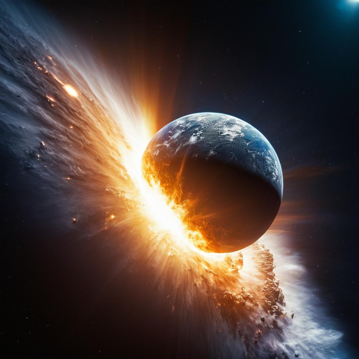 cinematic film still of A collision of a bright star is in the middle of a galaxy,  no humans,  glowing by EauDeNoire on T...