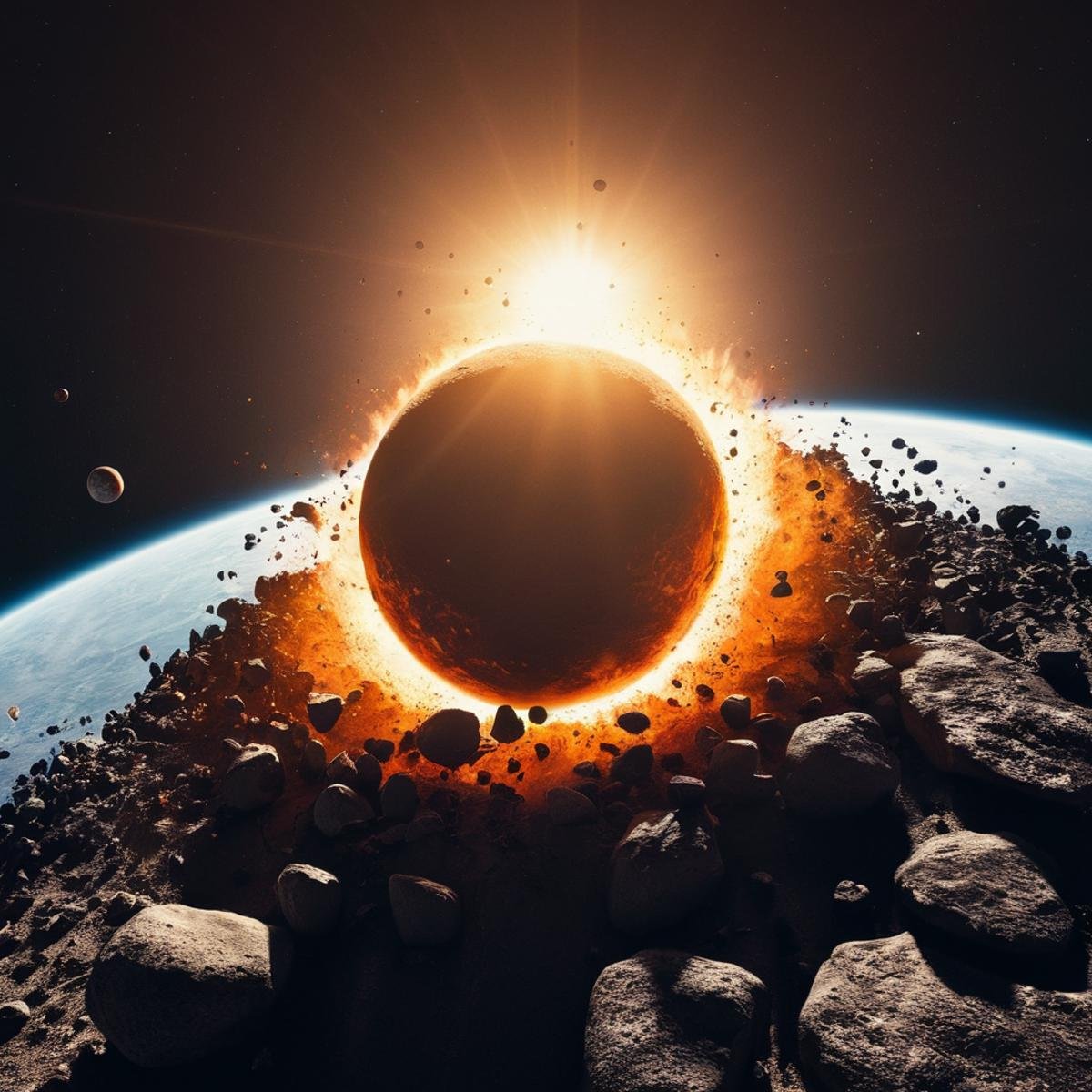 cinematic film still of A collision of a large sun surrounded by small rocks and planets,  no humans,  scenery by EauDeNoi...