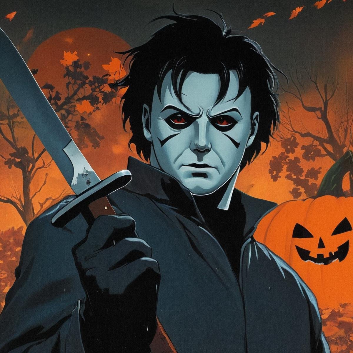 manga style art of  <lora:Original video animation style:0.8>An animated photo of a painting of michael myers a person holding a knife,solo,black hair,1boy,holding,upper body,male focus,blood,traditional media,knife,halloween,jack-o'-lantern,holding knife,pumpkin , anime, animated look, animated face, animated eyes, animated legs, animated hands, animated fingers, animated toes, animated lips, animated teeth, animated eyebrows, animated body, animated background, world of animation, manga style, animation, cartoon, colorful, different color, cinematic, cartoon film, film animation, different anime characters, detailed animated background, detailed animated environment, animated, hdr animation, animated photo, 2d animation, comic book animation, detailed animation, animated graphic novel, animated movie style, ova style, animation studio style, Original video animation style, vibrant, high-energy, detailed, iconic, Japanese comic style, manga