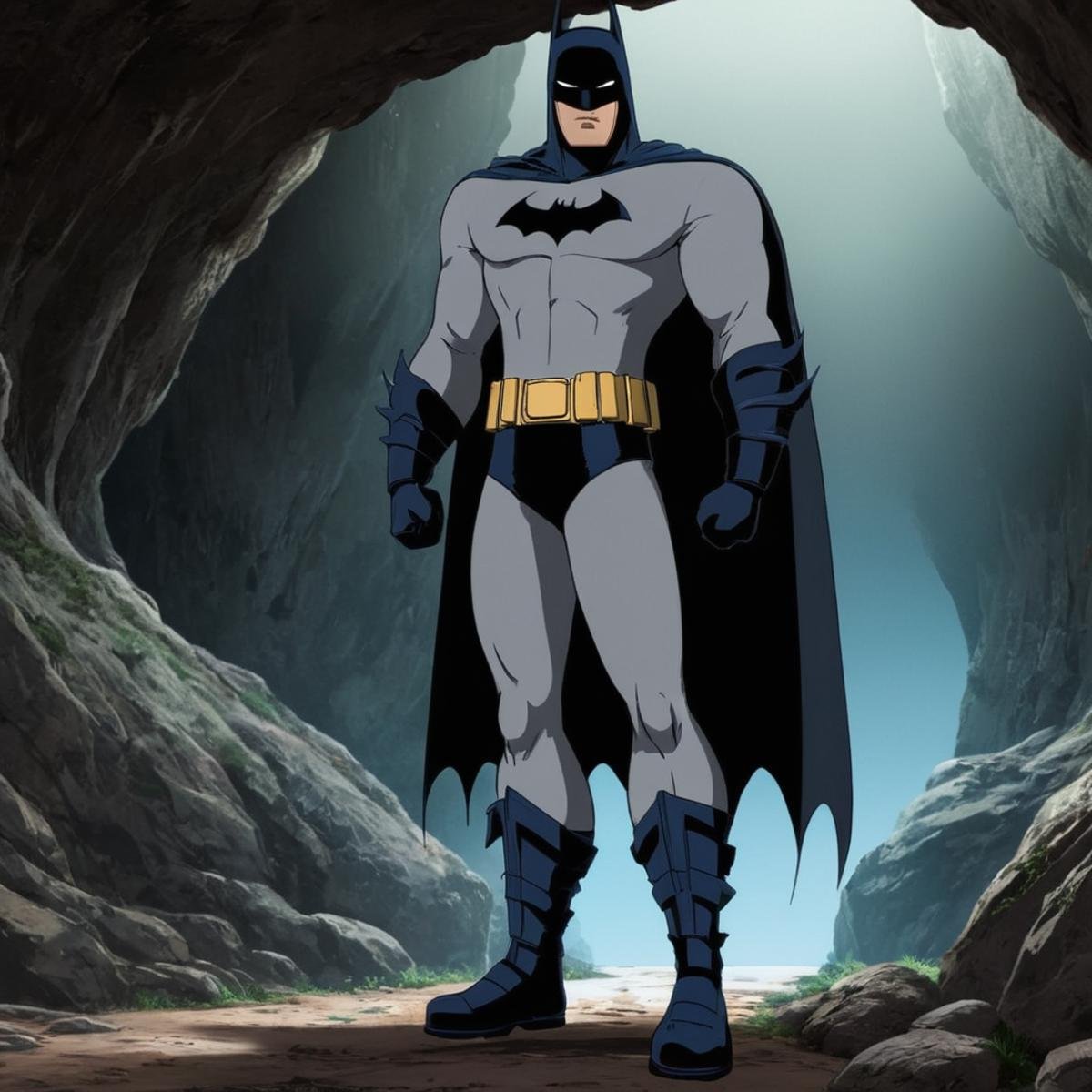 manga style art of  <lora:Original video animation style:0.8>An animated photo of a cartoon batman standing in a cave,solo,gloves,1boy,standing,full body,male focus,boots,outdoors,black gloves,cape,black footwear,bodysuit,mask,night,shadow,muscular male,black cape,space,grey gloves,superhero,grey bodysuit , anime, animated look, animated face, animated eyes, animated legs, animated hands, animated fingers, animated toes, animated lips, animated teeth, animated eyebrows, animated body, animated background, world of animation, manga style, animation, cartoon, colorful, different color, cinematic, cartoon film, film animation, different anime characters, detailed animated background, detailed animated environment, animated, hdr animation, animated photo, 2d animation, comic book animation, detailed animation, animated graphic novel, animated movie style, ova style, animation studio style, Original video animation style, vibrant, high-energy, detailed, iconic, Japanese comic style, manga