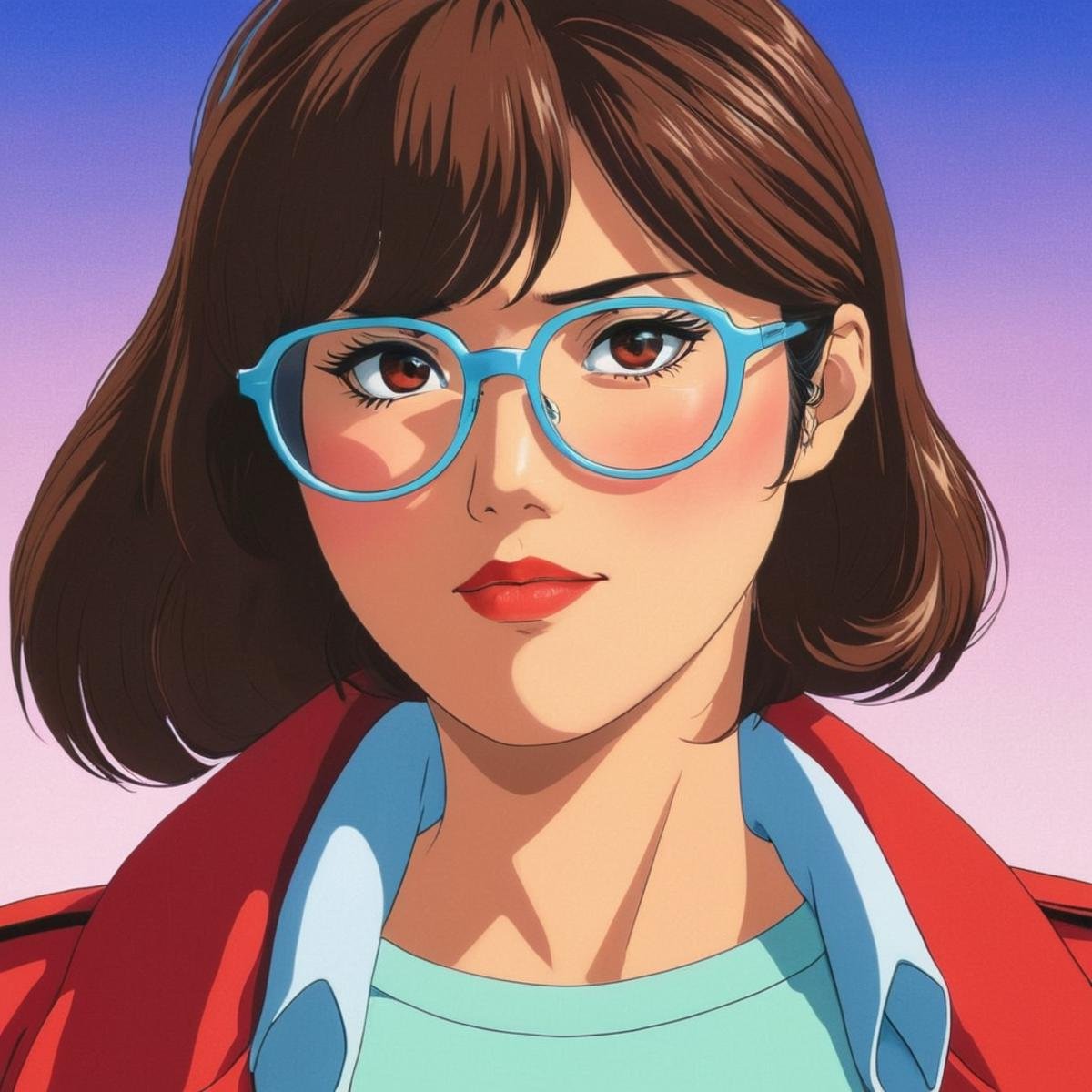 manga style art of  <lora:Original video animation style:0.8>An animated photo of a 1970's Japanese woman with glasses and a red jacket,1girl,solo,looking at viewer,brown hair,parted lips,glasses,black eyes,lips,makeup,parody,sunglasses,lipstick,portrait,close-up,retro artstyle,tinted eyewear,1980s (style) , anime, animated look, animated face, animated eyes, animated legs, animated hands, animated fingers, animated toes, animated lips, animated teeth, animated eyebrows, animated body, animated background, world of animation, manga style, animation, cartoon, colorful, different color, cinematic, cartoon film, film animation, different anime characters, detailed animated background, detailed animated environment, animated, hdr animation, animated photo, 2d animation, comic book animation, detailed animation, animated graphic novel, animated movie style, ova style, animation studio style, Original video animation style, vibrant, high-energy, detailed, iconic, Japanese comic style, manga