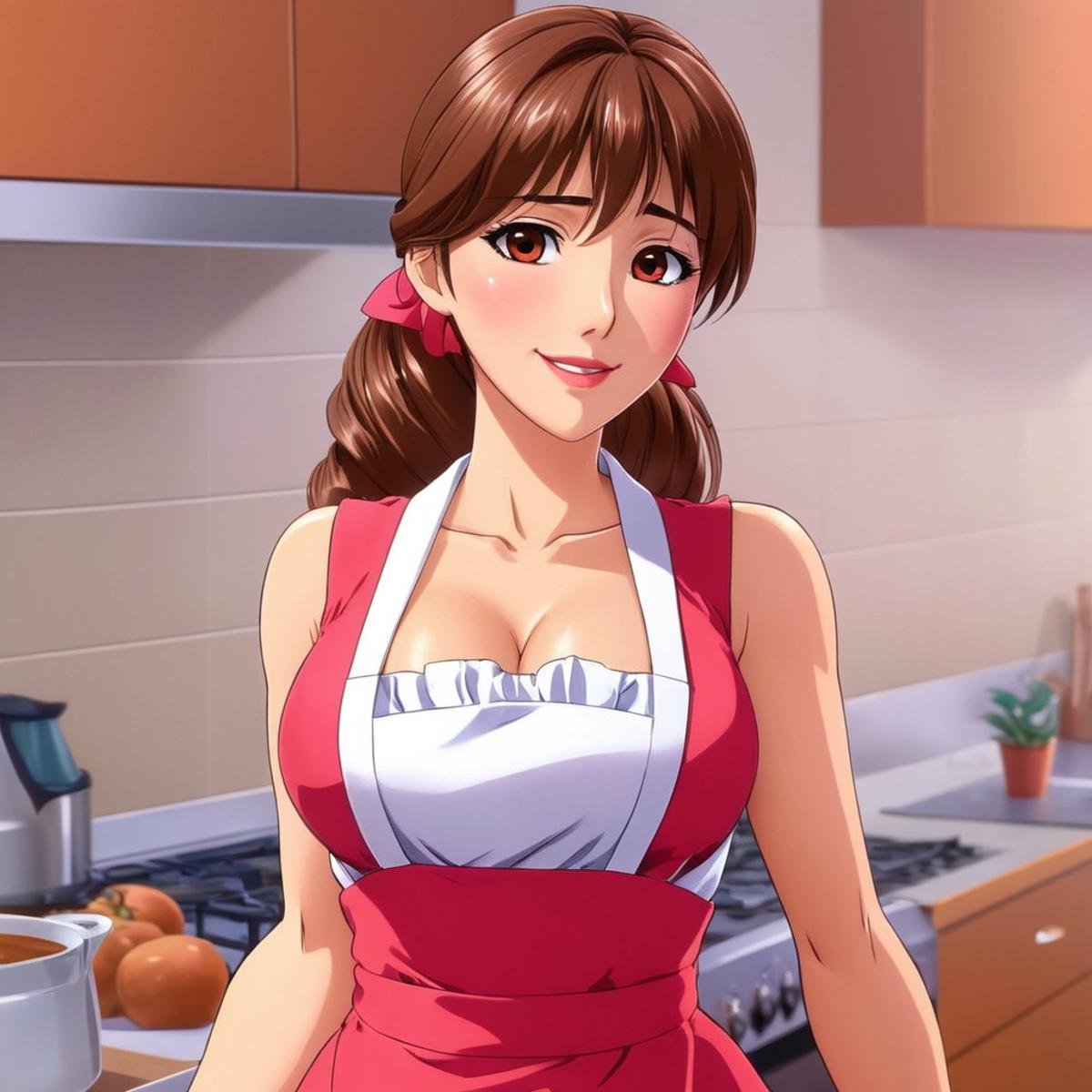 breathtaking, anime artwork of  <lora:Original video animation style:0.8>An animated photo of a housewife woman in a red apron is posing for a picture,1girl,solo,long hair,breasts,blush,smile,large breasts,brown hair,shirt,hair between eyes,brown eyes,closed mouth,collarbone,white shirt,upper body,ponytail,short sleeves,mole,apron,lips,gradient,gradient background,mole under mouth,v arms,mature female,pink apron , anime, animated look, animated face, animated eyes, animated legs, animated hands, animated fingers, animated toes, animated lips, animated teeth, animated eyebrows, animated body, animated background, world of animation, manga style, animation, cartoon, colorful, different color, cinematic, cartoon film, film animation, different anime characters, detailed animated background, detailed animated environment, animated, hdr animation, animated photo, 2d animation, comic book animation, detailed animation, animated graphic novel, animated movie style, ova style, animation studio style, Original video animation style, anime style, key visual, vibrant, studio anime,  highly detailed, award-winning, professional, highly detailed