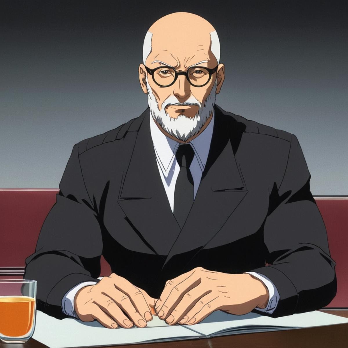 manga style art of  <lora:Original video animation style:0.8>An animated photo of a dr hugo strange man with a beard and glasses sitting at a table,solo,simple background,shirt,black hair,1boy,jacket,upper body,male focus,glasses,striped,dark skin,coat,black shirt,turtleneck,facial hair,dark-skinned male,own hands together,black background,goggles,beard,labcoat,bald,old man , anime, animated look, animated face, animated eyes, animated legs, animated hands, animated fingers, animated toes, animated lips, animated teeth, animated eyebrows, animated body, animated background, world of animation, manga style, animation, cartoon, colorful, different color, cinematic, cartoon film, film animation, different anime characters, detailed animated background, detailed animated environment, animated, hdr animation, animated photo, 2d animation, comic book animation, detailed animation, animated graphic novel, animated movie style, ova style, animation studio style, Original video animation style, vibrant, high-energy, detailed, iconic, Japanese comic style, manga