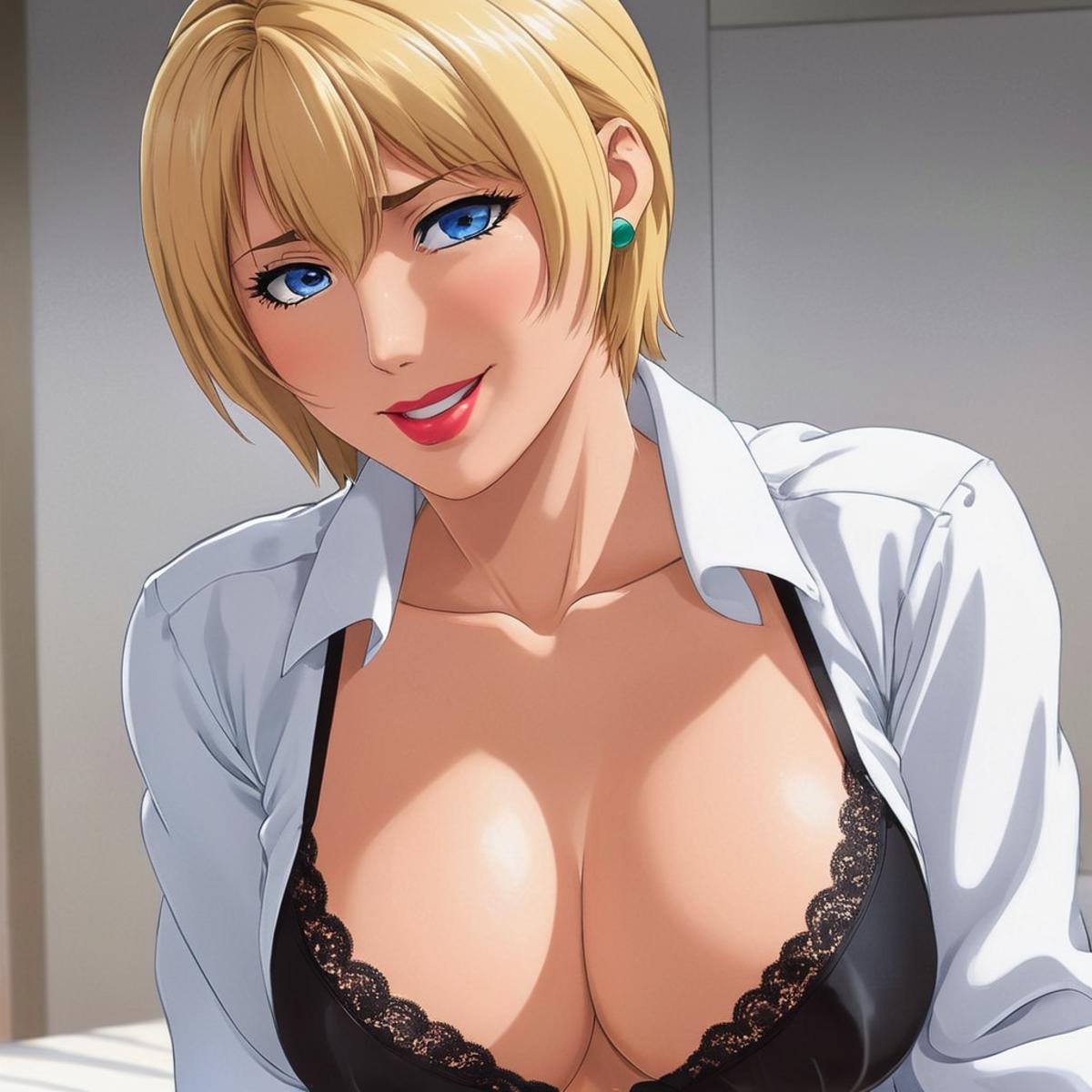 manga style art of  <lora:Original video animation style:0.8>An animated photo of a reika woman in a white shirt and black bra,1girl,solo,breasts,looking at viewer,smile,short hair,blue eyes,blonde hair,large breasts,shirt,cleavage,jewelry,underwear,earrings,open clothes,bra,lips,open shirt,makeup,lingerie,cross,lipstick,black bra,labcoat , anime, animated look, animated face, animated eyes, animated legs, animated hands, animated fingers, animated toes, animated lips, animated teeth, animated eyebrows, animated body, animated background, world of animation, manga style, animation, cartoon, colorful, different color, cinematic, cartoon film, film animation, different anime characters, detailed animated background, detailed animated environment, animated, hdr animation, animated photo, 2d animation, comic book animation, detailed animation, animated graphic novel, animated movie style, ova style, animation studio style, Original video animation style, vibrant, high-energy, detailed, iconic, Japanese comic style, manga