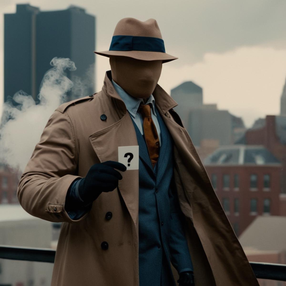 cinematic film still of In the The DC Comic Cinematic Animated Universe The Question a man in a trench coat throwing a que...