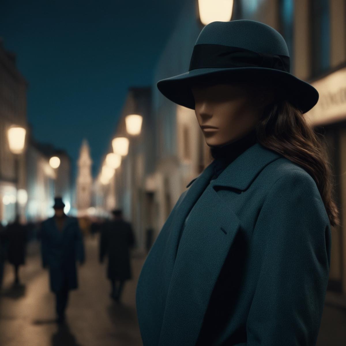 cinematic film still of The Question a faceless woman in a hat and coat standing in a city,  shallow depth of field,  vign...