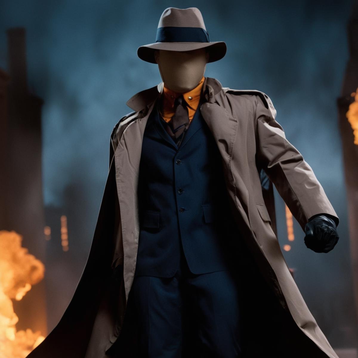 cinematic film still of In the The DC Comic Cinematic Animated Universe The Question a comic book cover with a faceless ma...