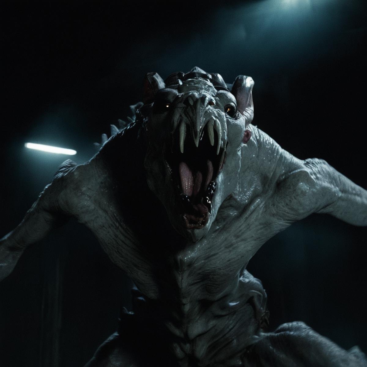 Cloverfield Monster a Monster with its mouth open in a dark room,  open mouth,  teeth by EauDeNoire on Tensor.Art