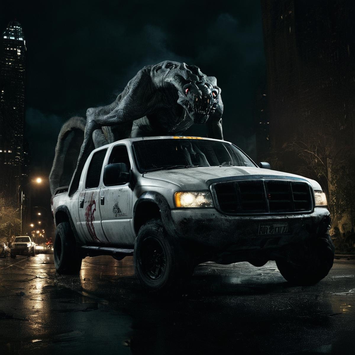 Cloverfield Monster a car with a creepy creature in front of it's side,  outdoors,  artist name by EauDeNoire on Tensor.Art