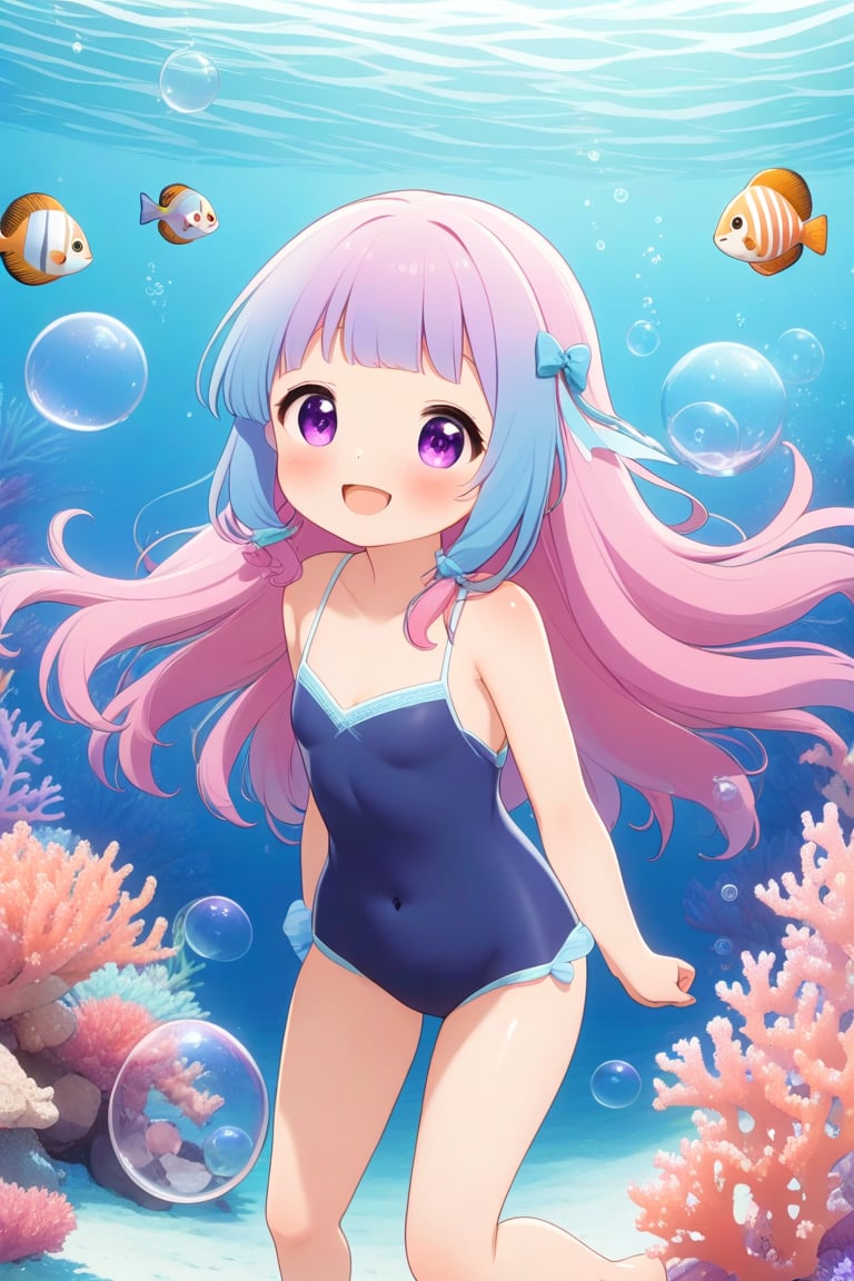 1girl, solo, long hair, looking at viewer, blush, smile, bangs, hair ornament, blue hair, purple eyes, pink hair, multicolored hair, blunt bangs, water, gradient hair, fish, underwater, swimsuit, dynamic angle, coral, bubble, swimming