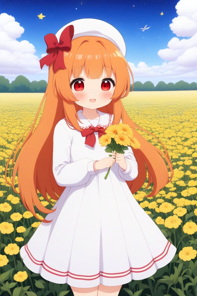 1girl, solo, long hair, looking at viewer, blush, bangs, red eyes, long sleeves, hat, dress, bow, holding, orange hair, flower, outdoors, sailor collar, white dress, red bow, white headwear, sailor dress, yellow flower, holding flower, field, flower field