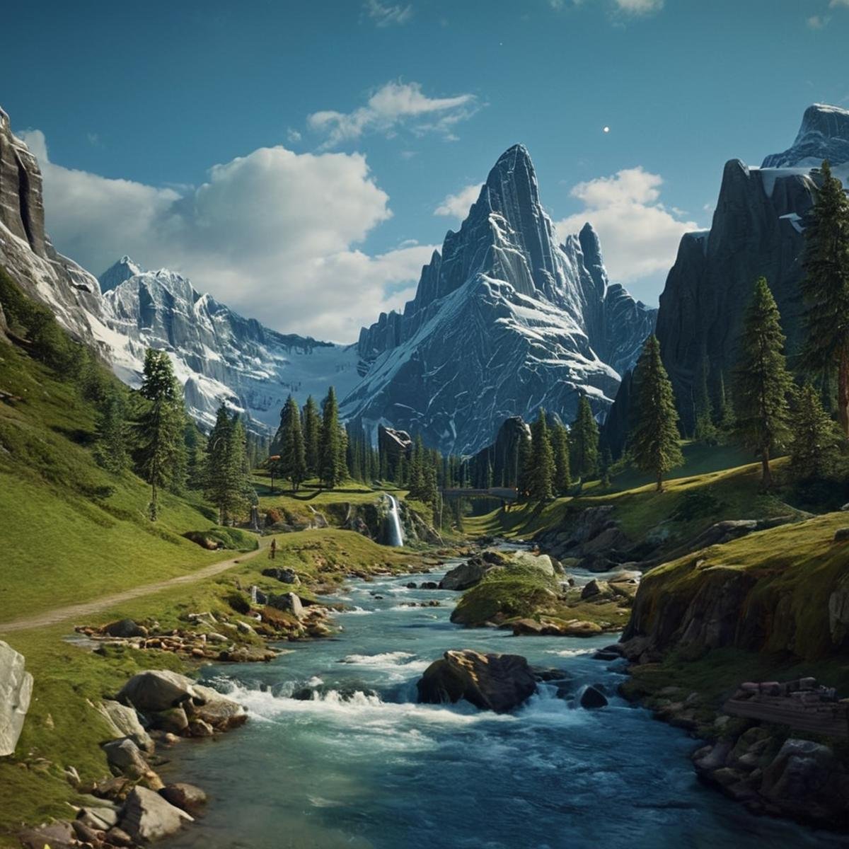 cinematic film still of detailed perfect Alderaan a mountain landscape with a river and a mountain in the background,  in...