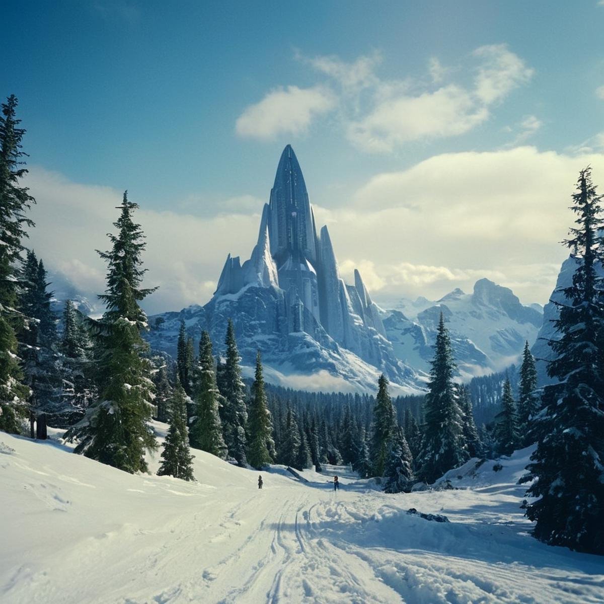 cinematic film still of detailed perfect Alderaan a mountain with a cross in the middle of it,  in star wars style,  outdo...