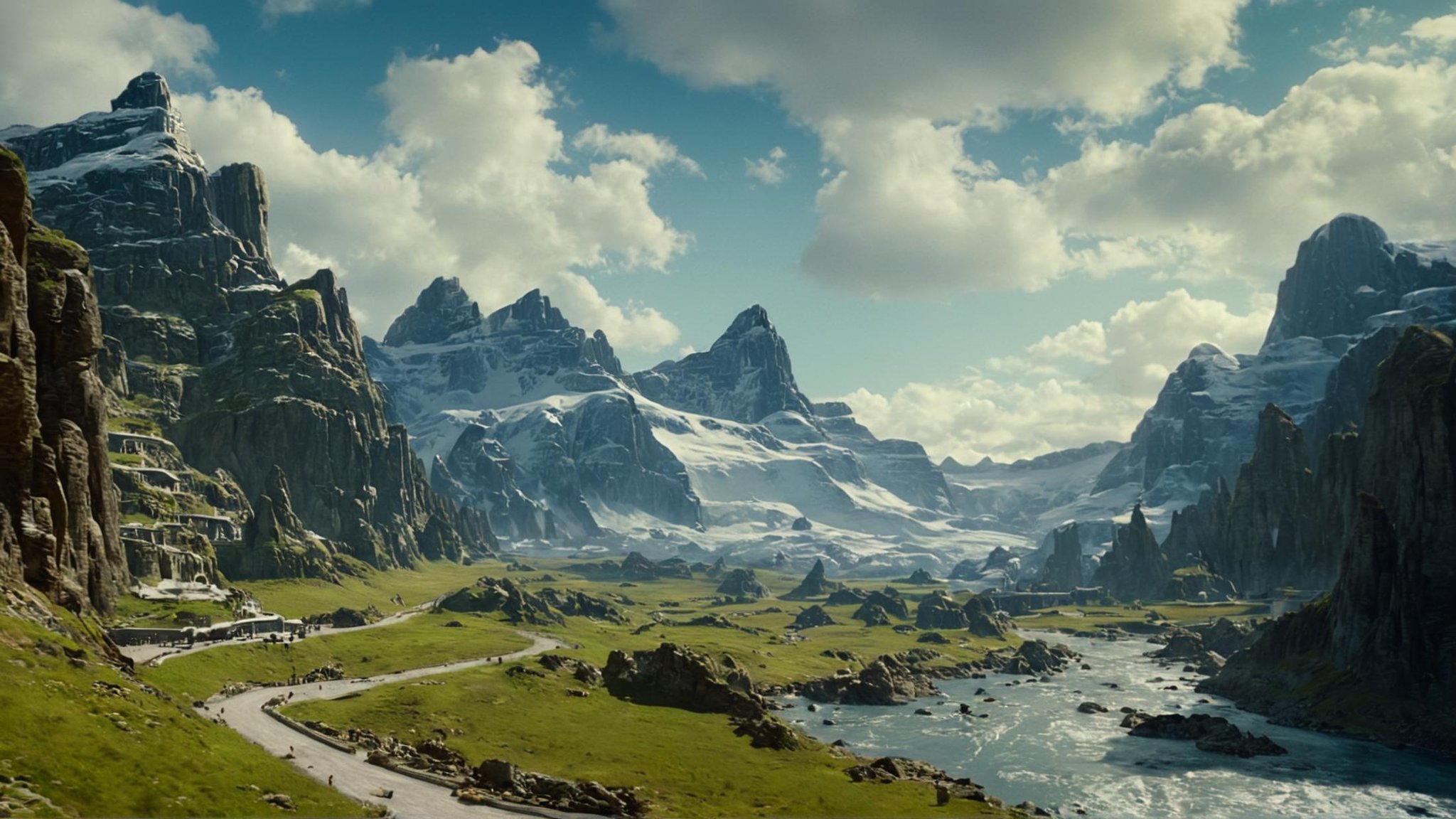 cinematic film still of detailed perfect Alderaan a mountain landscape with a river and a mountain in the background,  in...