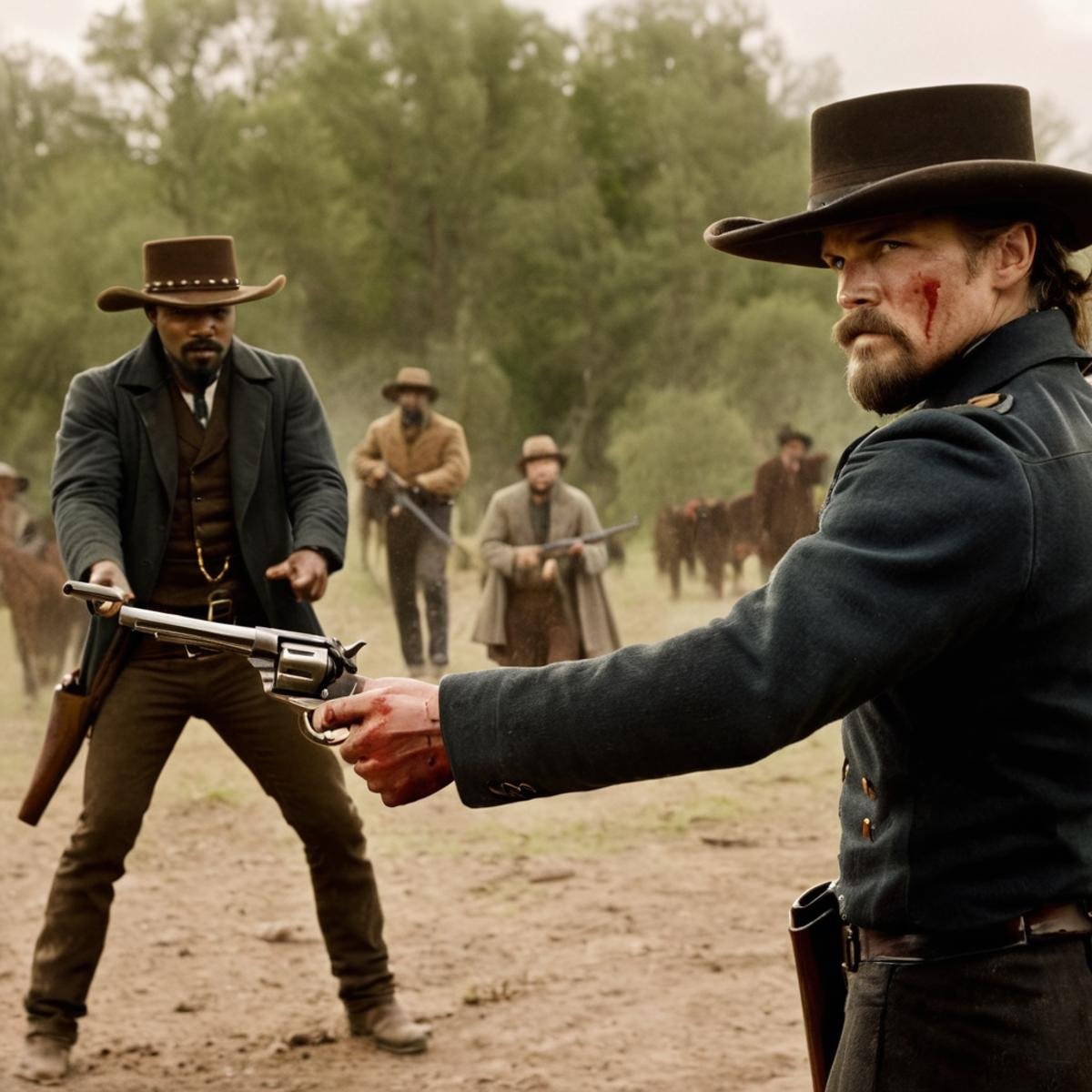 cinematic film still of In 1858 a last stand gun fight between two men with a bloody blood splatter splashing all over scr...