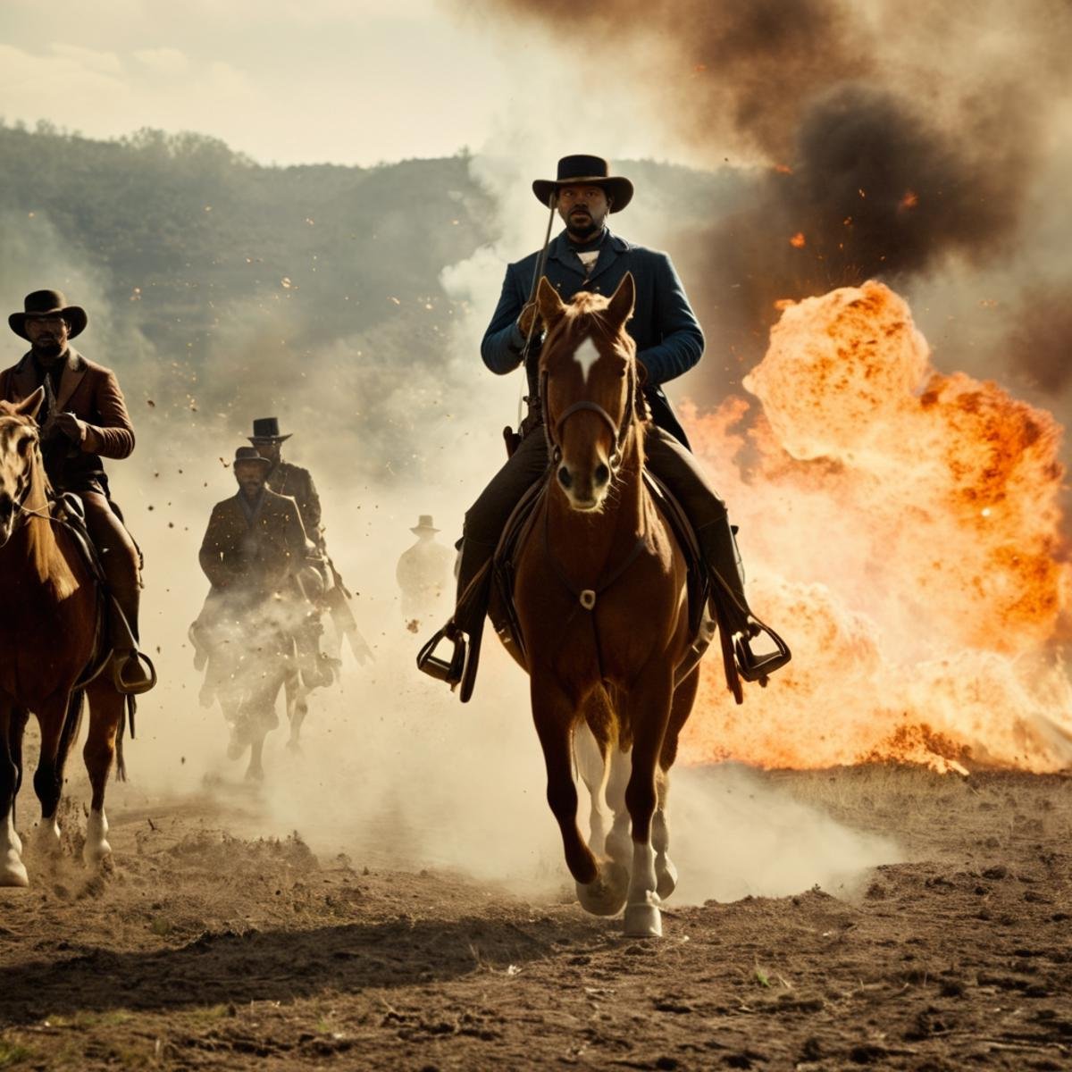 cinematic film still of In 1858 a group of exploding horses running through a fire field explosion,  weapon,  sword by Eau...