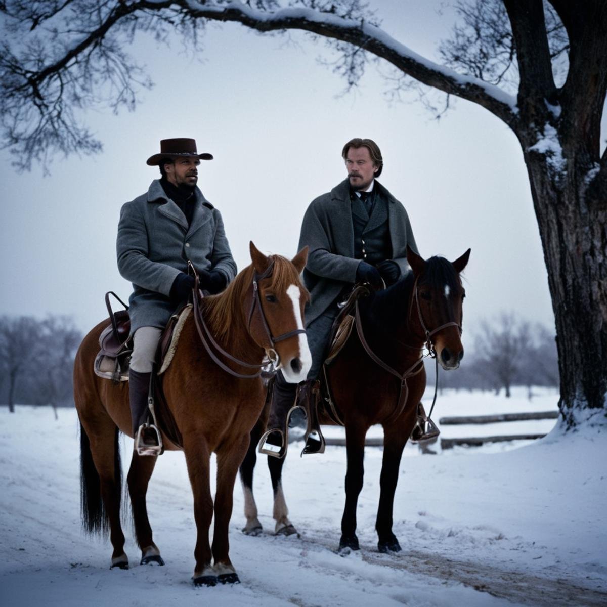cinematic film still of In 1858 two men riding horses in the snow,  short hair,  brown hair by EauDeNoire on Tensor.Art